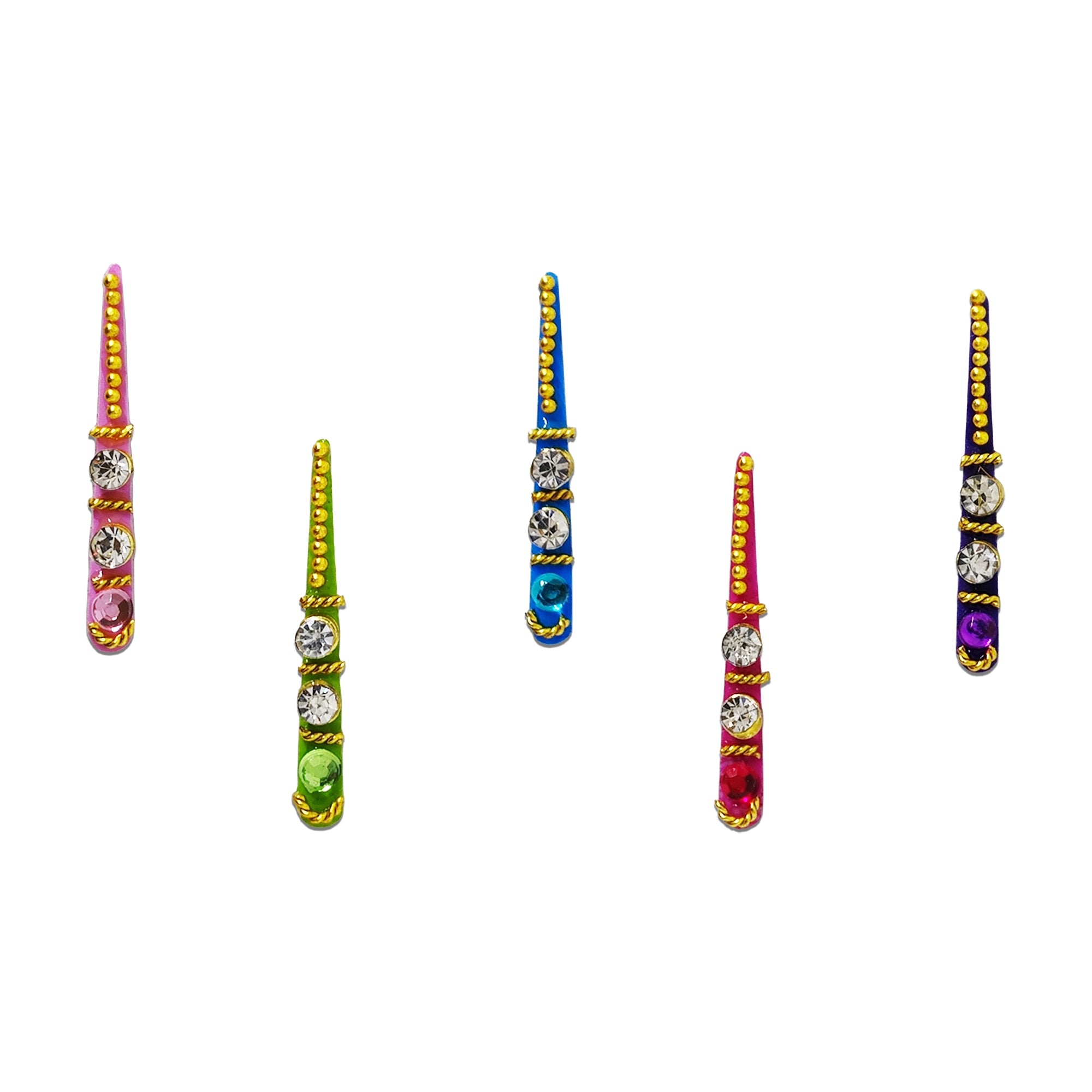 Comet Busters Multicolor Long Designer Bindis with Crystal Stones, Gold Bead Detailing and Decorative Linear Pattern, Traditional Bindi Set for Women & Girls, Ethnic and Festive Wear Forehead Stickers