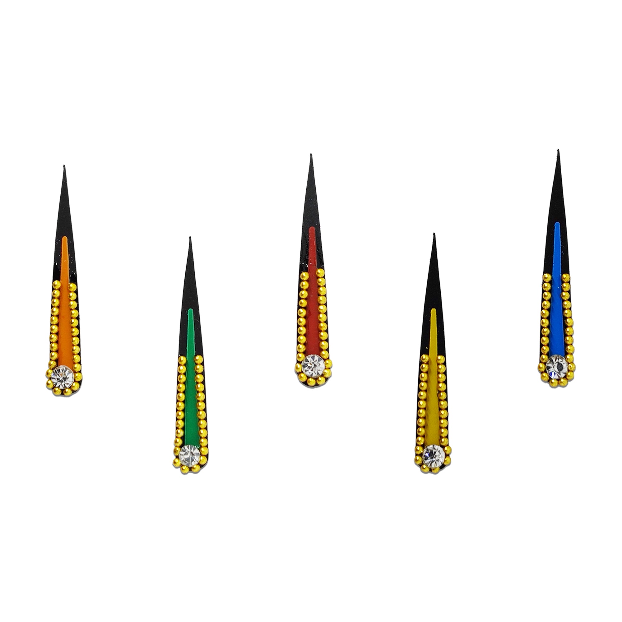 Comet Busters multicolor long taper designer bindi sheet featuring 5 reusable self-adhesive bindis in orange, green, red, mustard, and blue. Each elegant elongated bindi is decorated with gold bead borders and a sparkling crystal stone at the base, making it perfect for weddings, festivals, Navratri, Diwali, pooja, parties, and traditional ethnic wear.