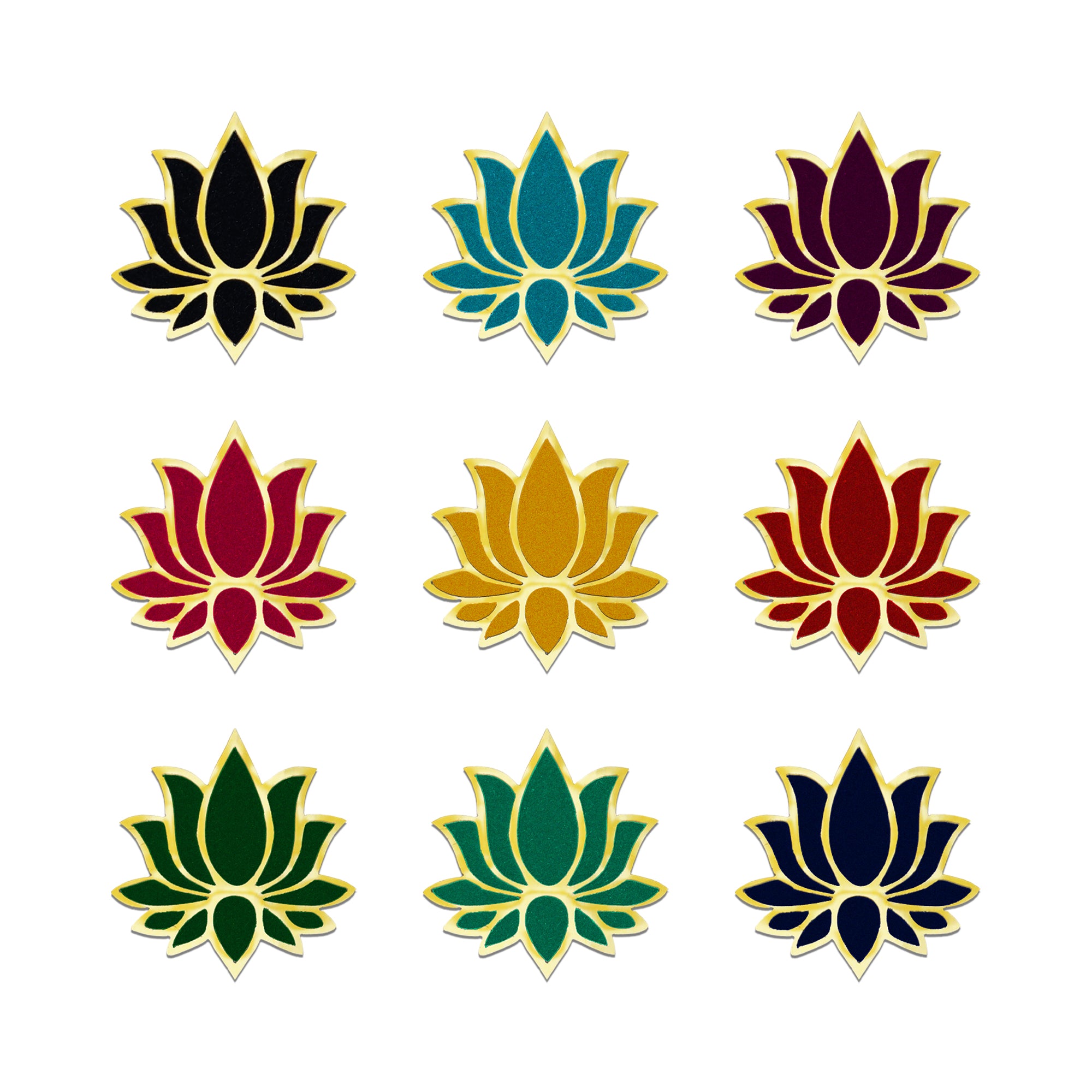 Indira by Comet Busters® multicolor lotus bindi collection displayed in premium retail packaging. Velvet lotus bindis with gold detailing in black, teal, maroon, pink, mustard, red, green, and navy blue shades for festive and everyday ethnic fashion.