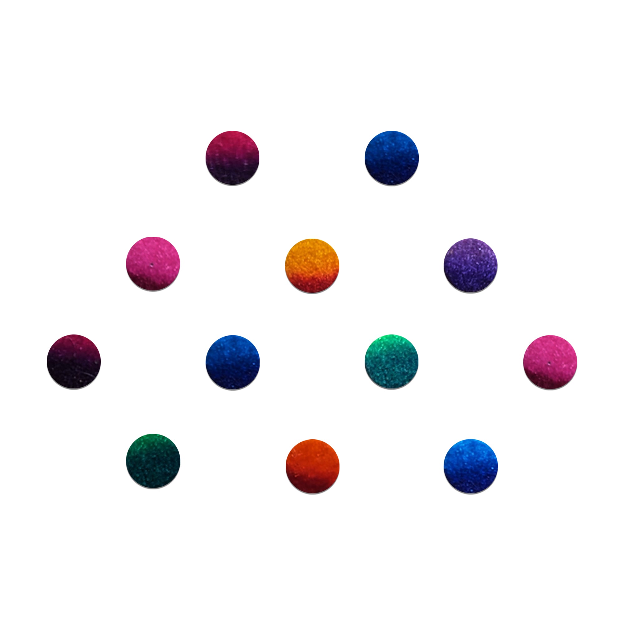 Comet Busters rainbow velvet dot bindis featuring small round bindis in assorted vibrant shades including pink, blue, purple, green, orange, and red arranged in a geometric pattern on a light background, traditional self-adhesive everyday bindi set for women and girls.