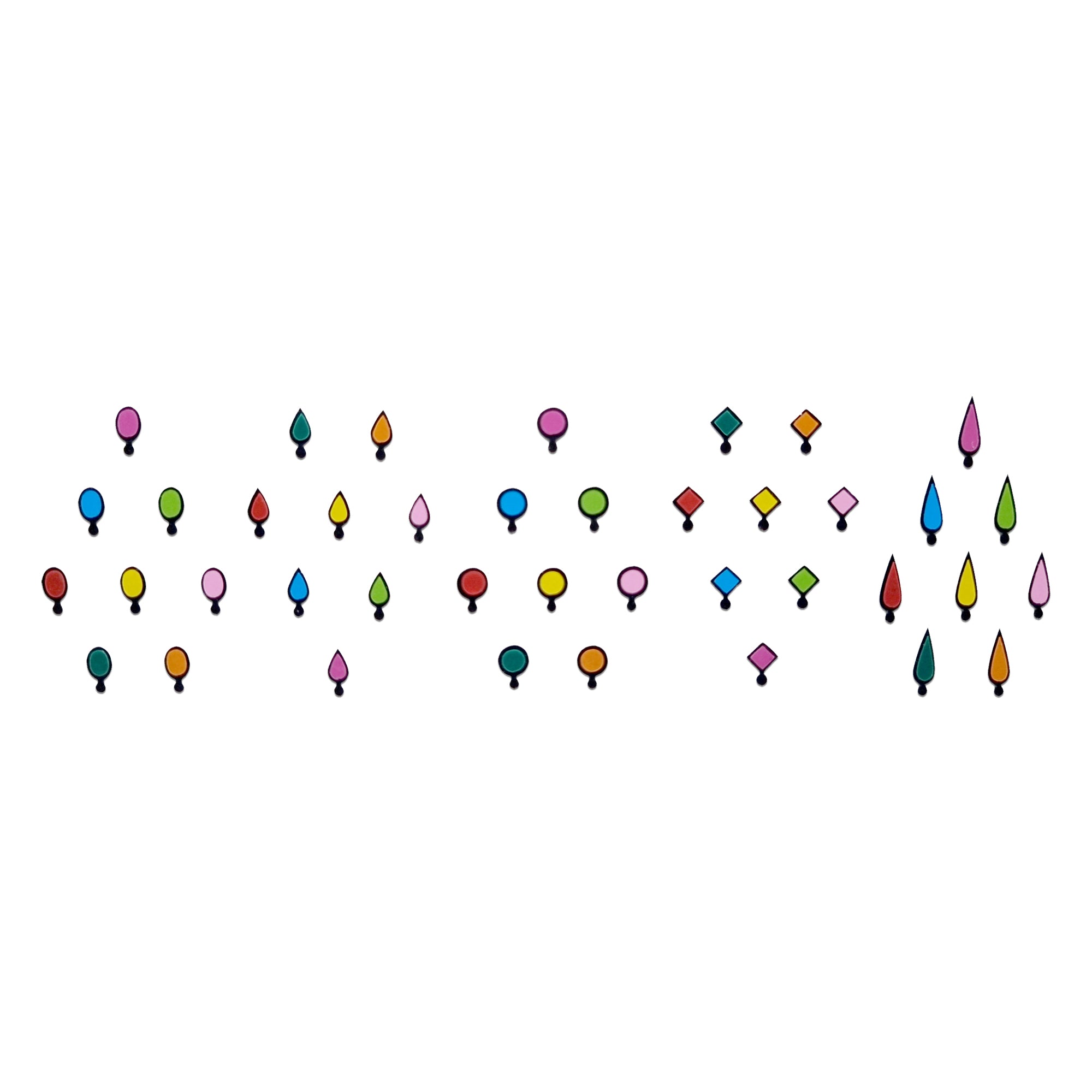 Comet Busters multicolor mini shape bindis assortment, colorful designer forehead stickers with round, leaf, teardrop, diamond, and geometric designs for women, perfect for festivals, Navratri, dance performances, weddings, cultural events, and traditional Indian outfits.