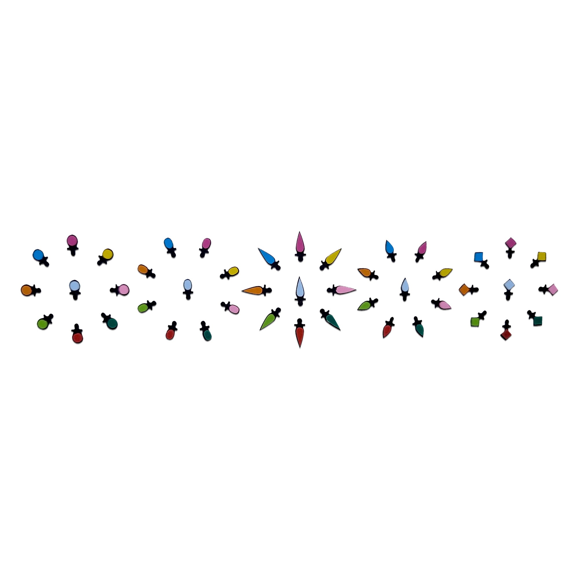 Comet Busters multicolor mini shape bindis assortment, colorful designer forehead stickers with round, leaf, teardrop, diamond, and geometric designs for women, perfect for festivals, Navratri, dance performances, weddings, cultural events, and traditional Indian outfits.