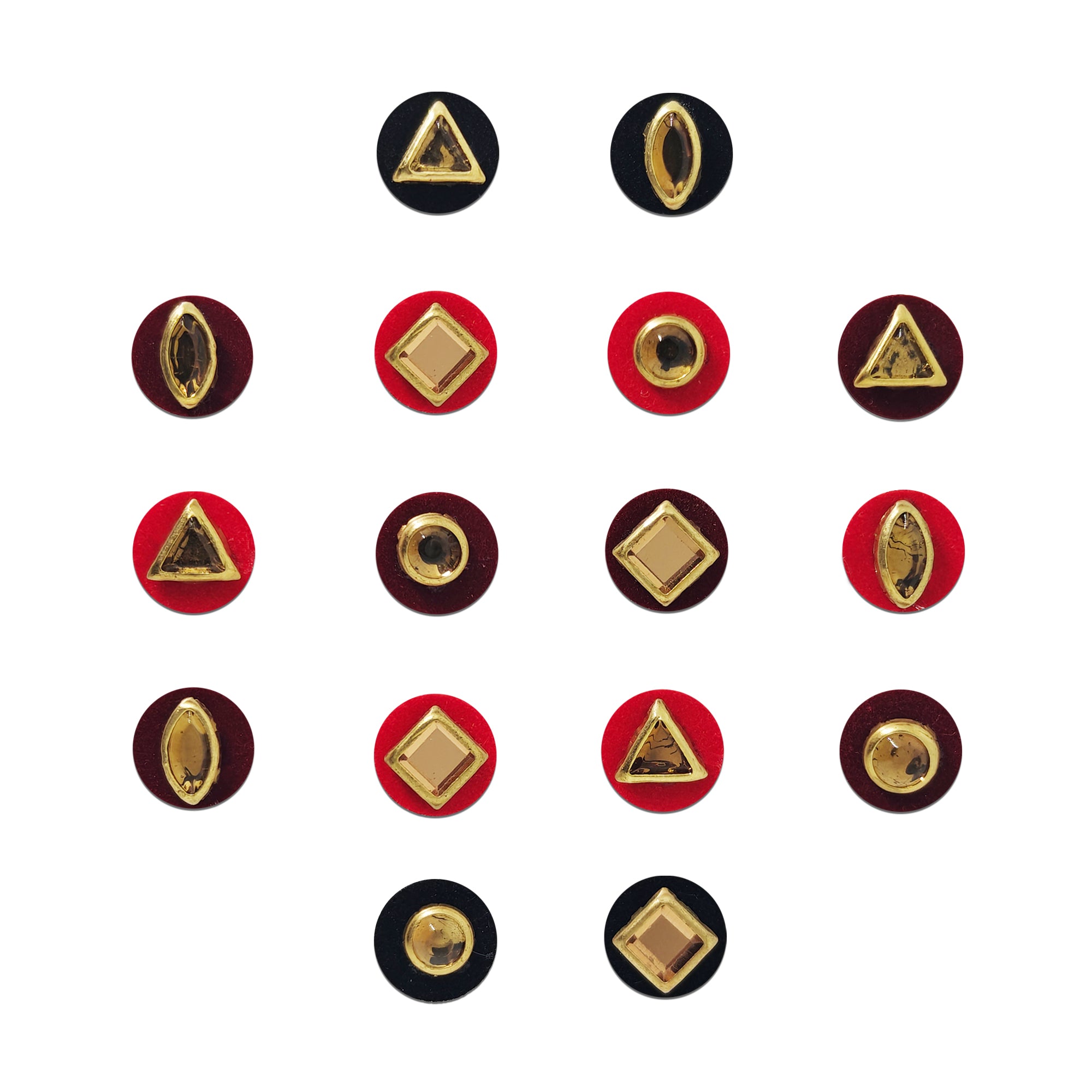 Indira Premium Velvet Bindis – Tricolor Velvet Bindi in Maroon, Red & Black with Golden Stone (8mm) – 16 Designer Bindis (INDI068)