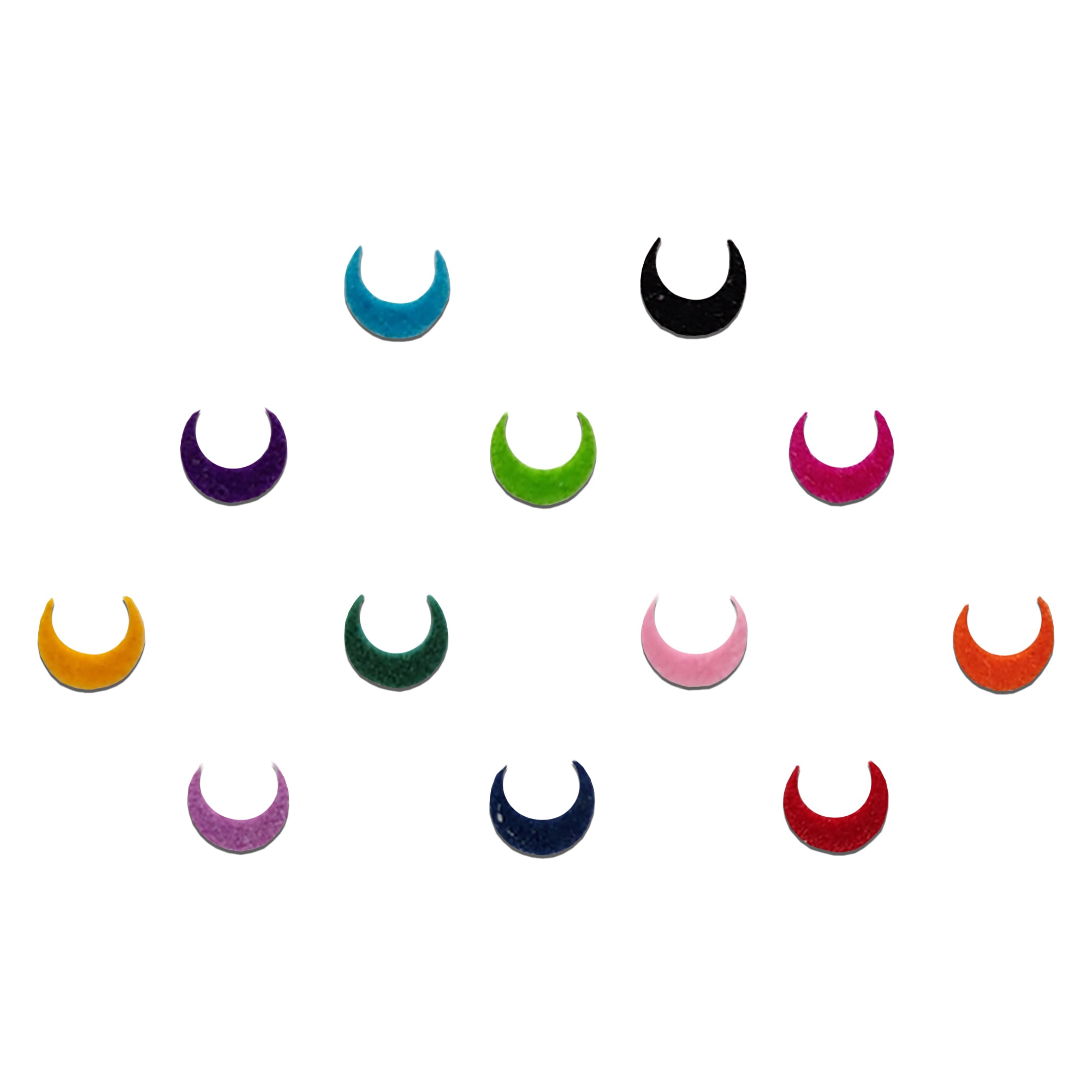 Comet Busters multicolor crescent bindi featuring elegant moon-shaped designs in assorted colors with a sparkling crystal accent, ideal for festive and ethnic wear.
