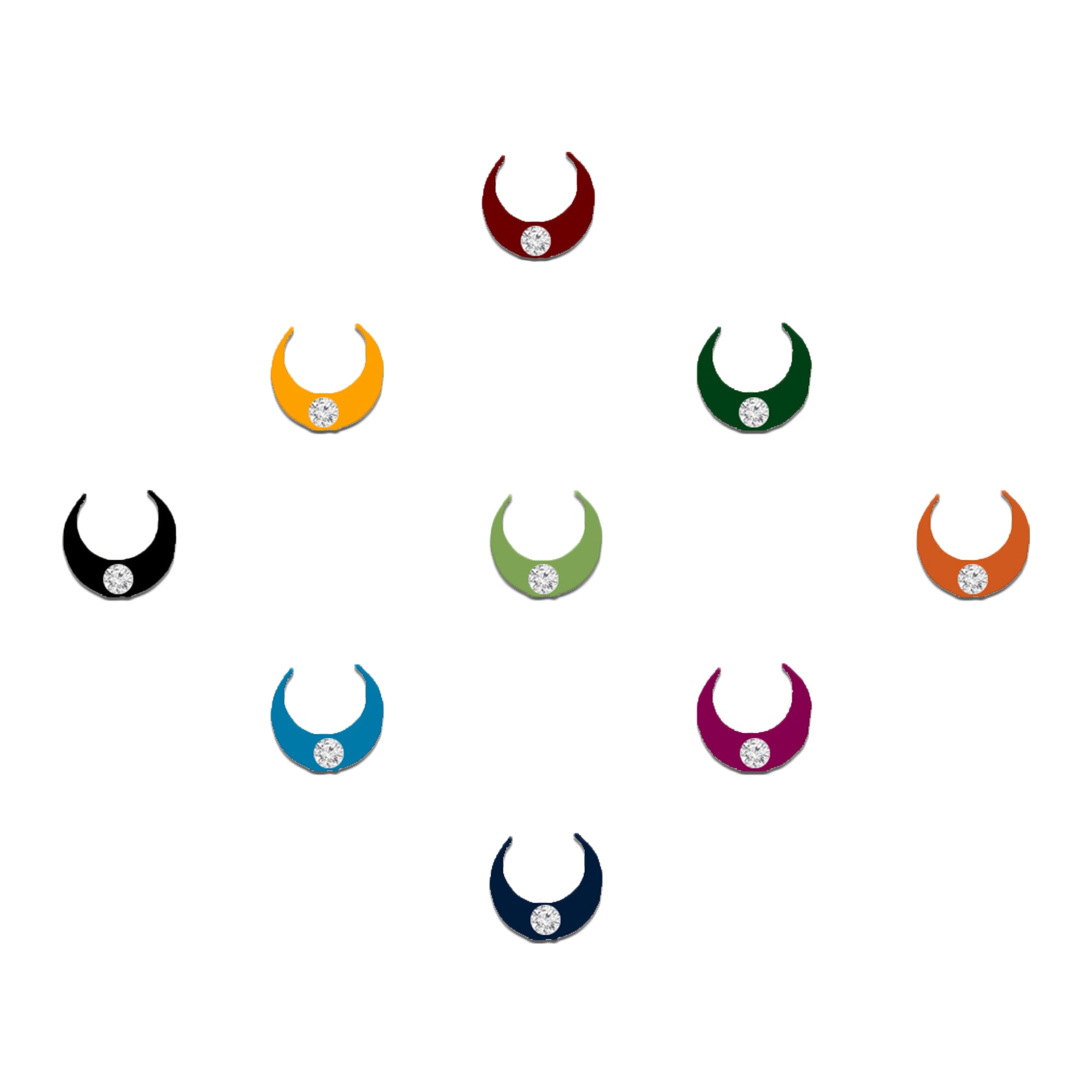 Comet Busters multicolor crescent bindi featuring elegant moon-shaped designs in assorted colors with a sparkling crystal accent, ideal for festive and ethnic wear.