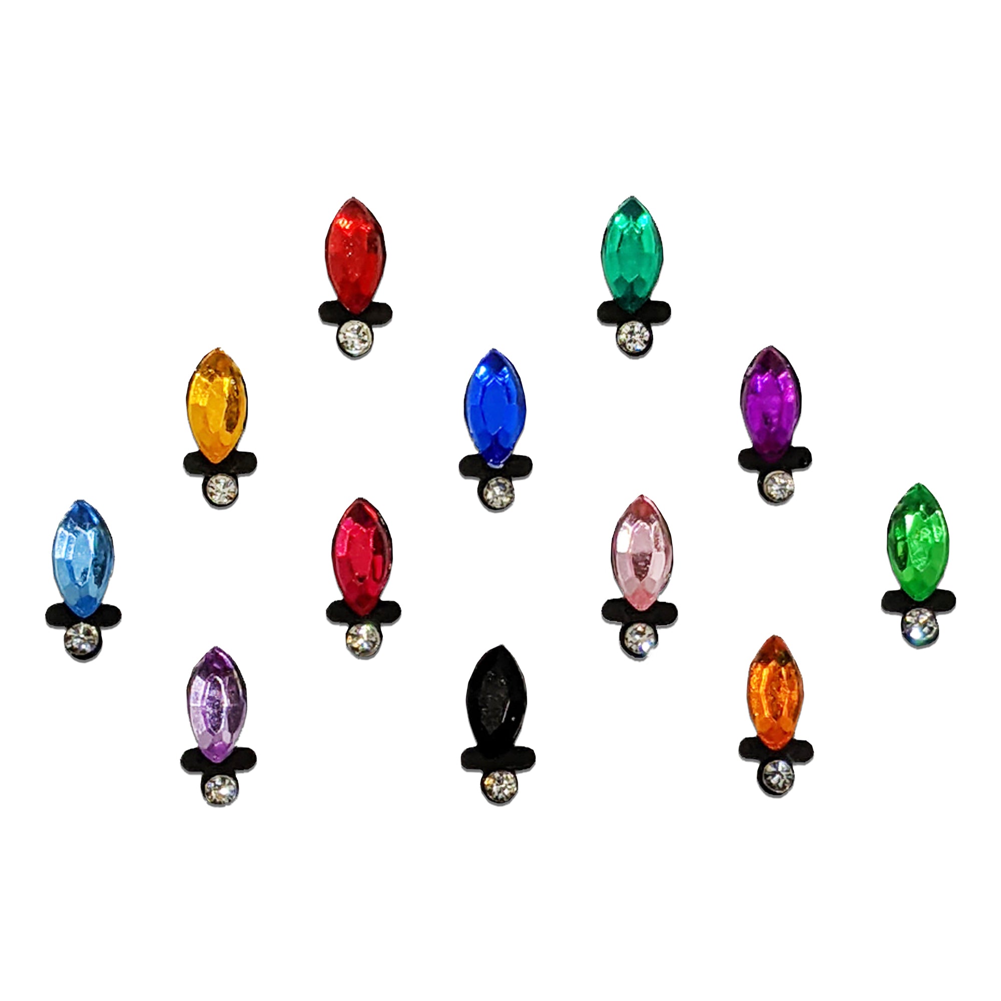Comet Busters multicolor navette-shaped stone bindi featuring faceted marquise-cut gemstones in assorted vibrant colors with a sparkling crystal accent at the base, perfect for festive occasions, weddings, parties, and traditional ethnic wear.