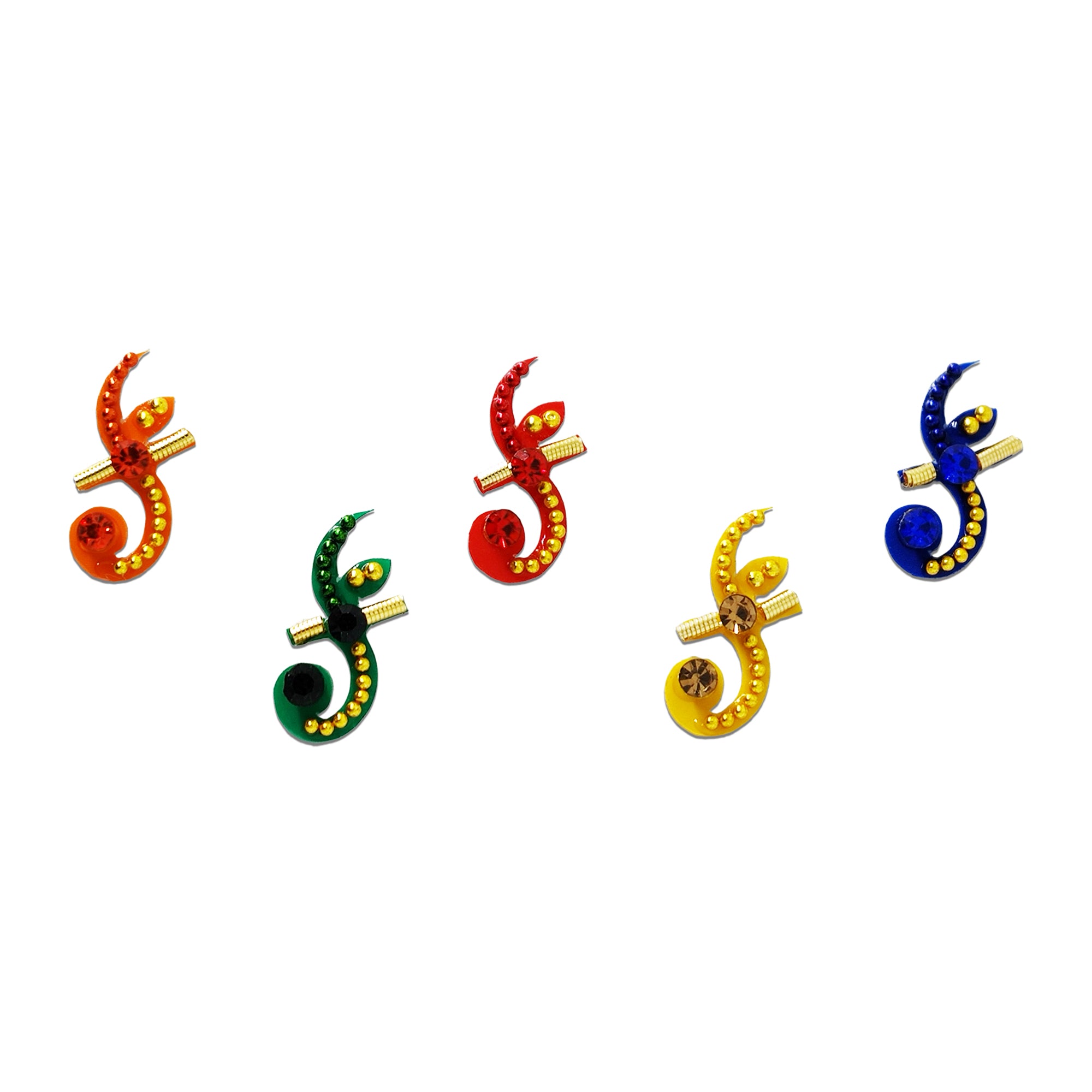 Comet Busters multicolor Om designer bindi sheet featuring 5 elegant Om symbol bindis with colorful crystal stones and gold bead detailing, reusable spiritual forehead bindis for women and girls, perfect for festivals, puja, temple visits, traditional wear, and ethnic styling.