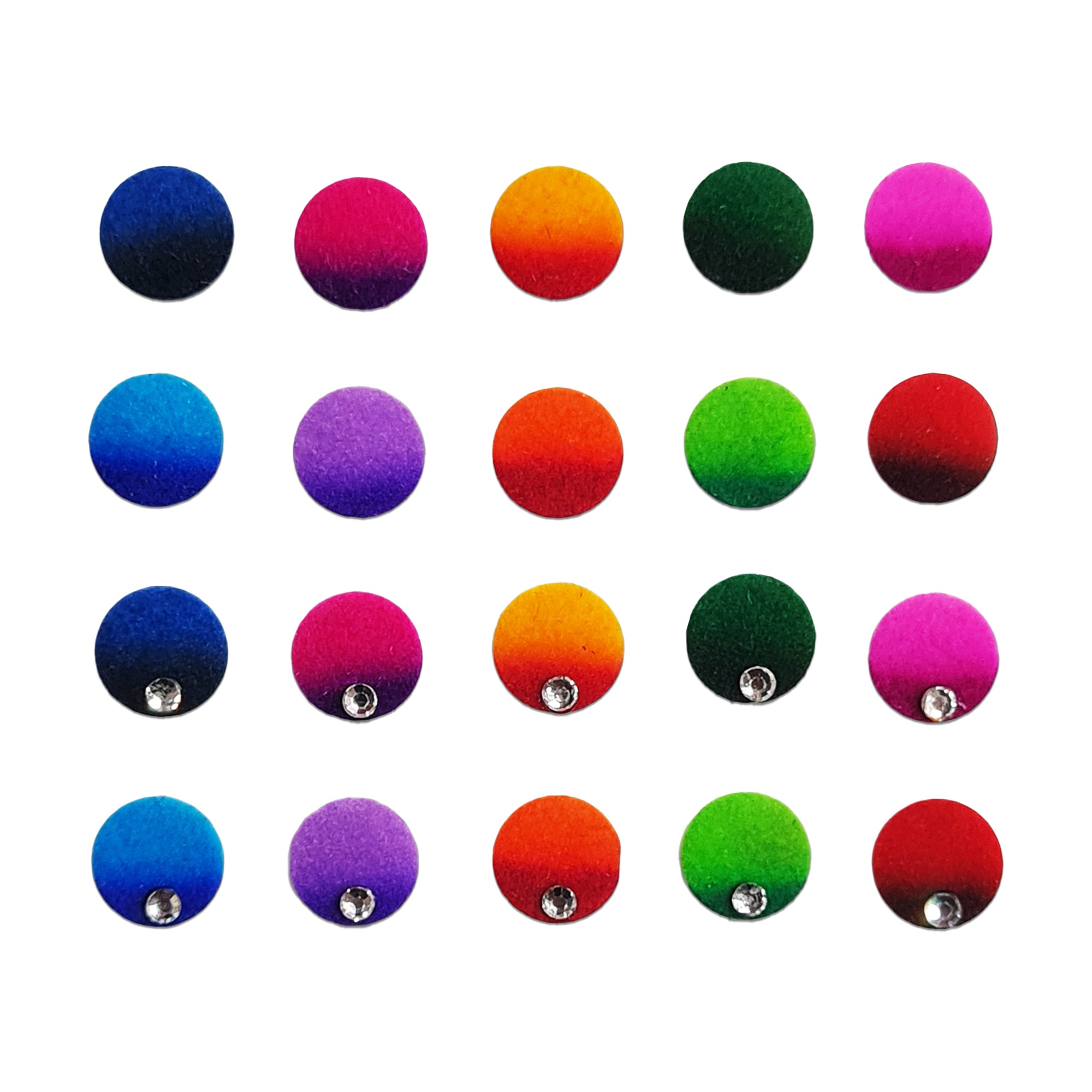 multicolor round ombre fabric bindis featuring gradient shades in blue, pink, orange, green, red, and purple, with selected designs accented by small crystal stones for stylish ethnic wear.