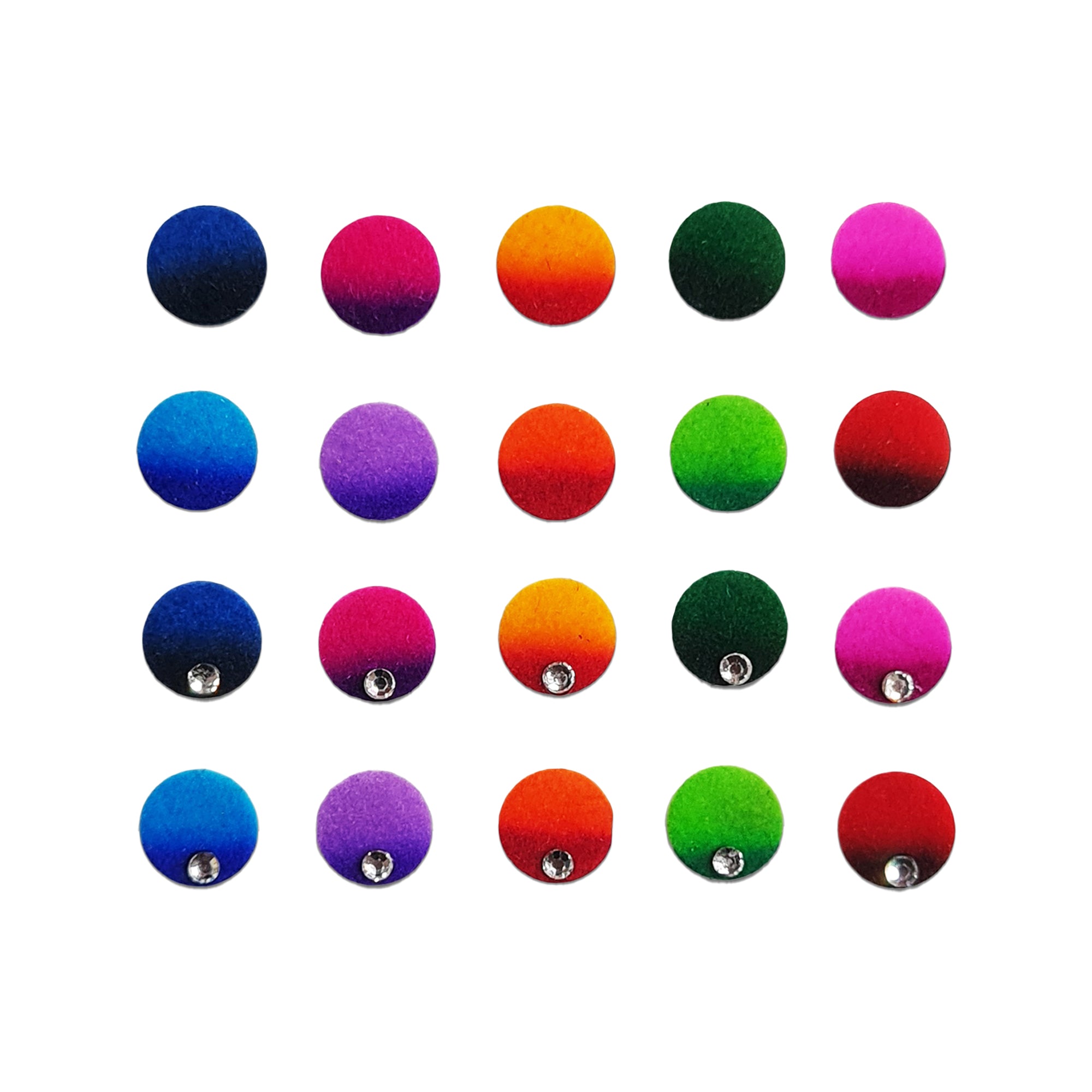 Multicolor round ombre fabric bindis featuring gradient shades in blue, pink, orange, green, red, and purple, with selected designs accented by small crystal stones for stylish ethnic wear.