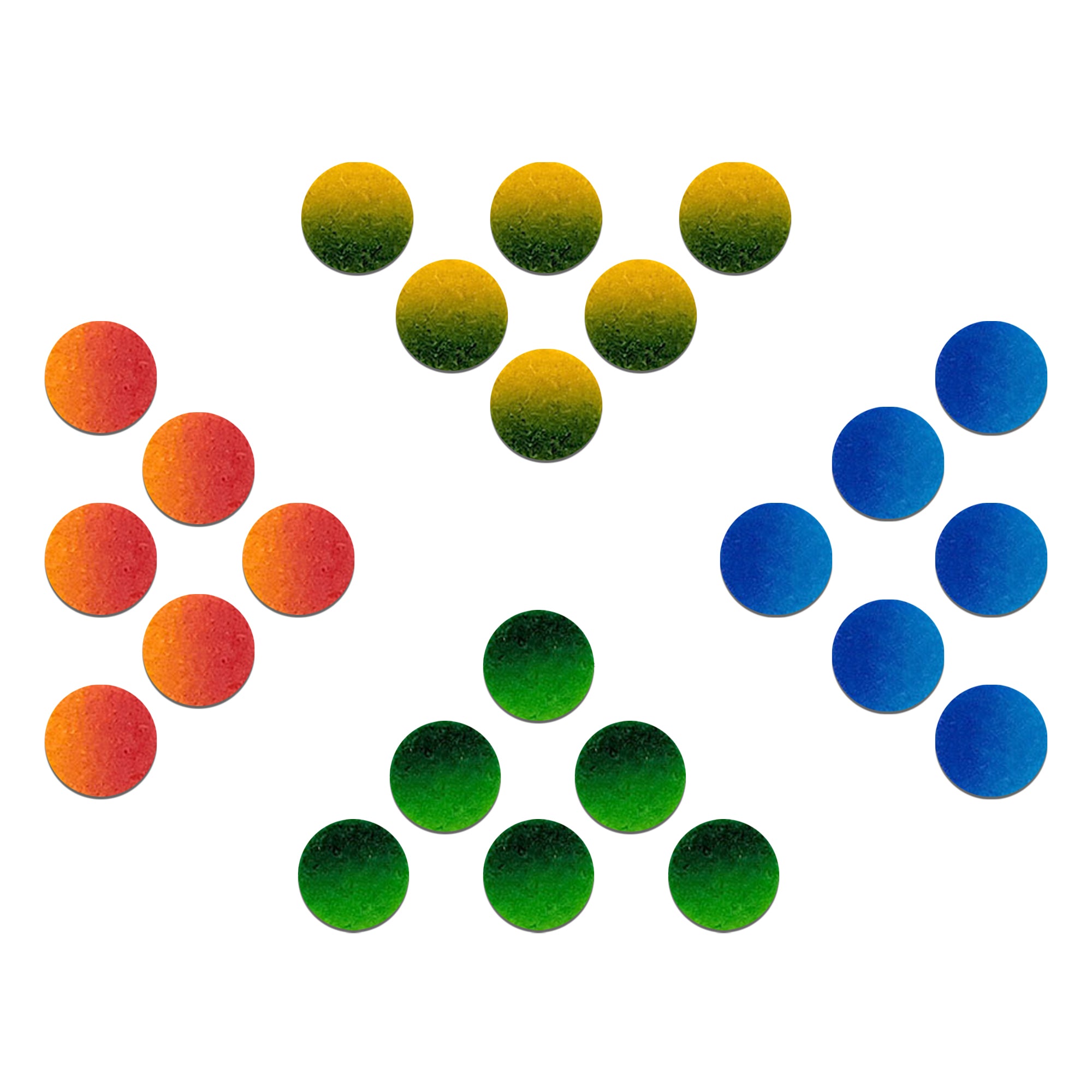 Comet Busters multicolor ombre round bindis featuring gradient velvet bindis in orange-red, yellow-green, green-black, and blue shades for festive, traditional, and ethnic wear.
