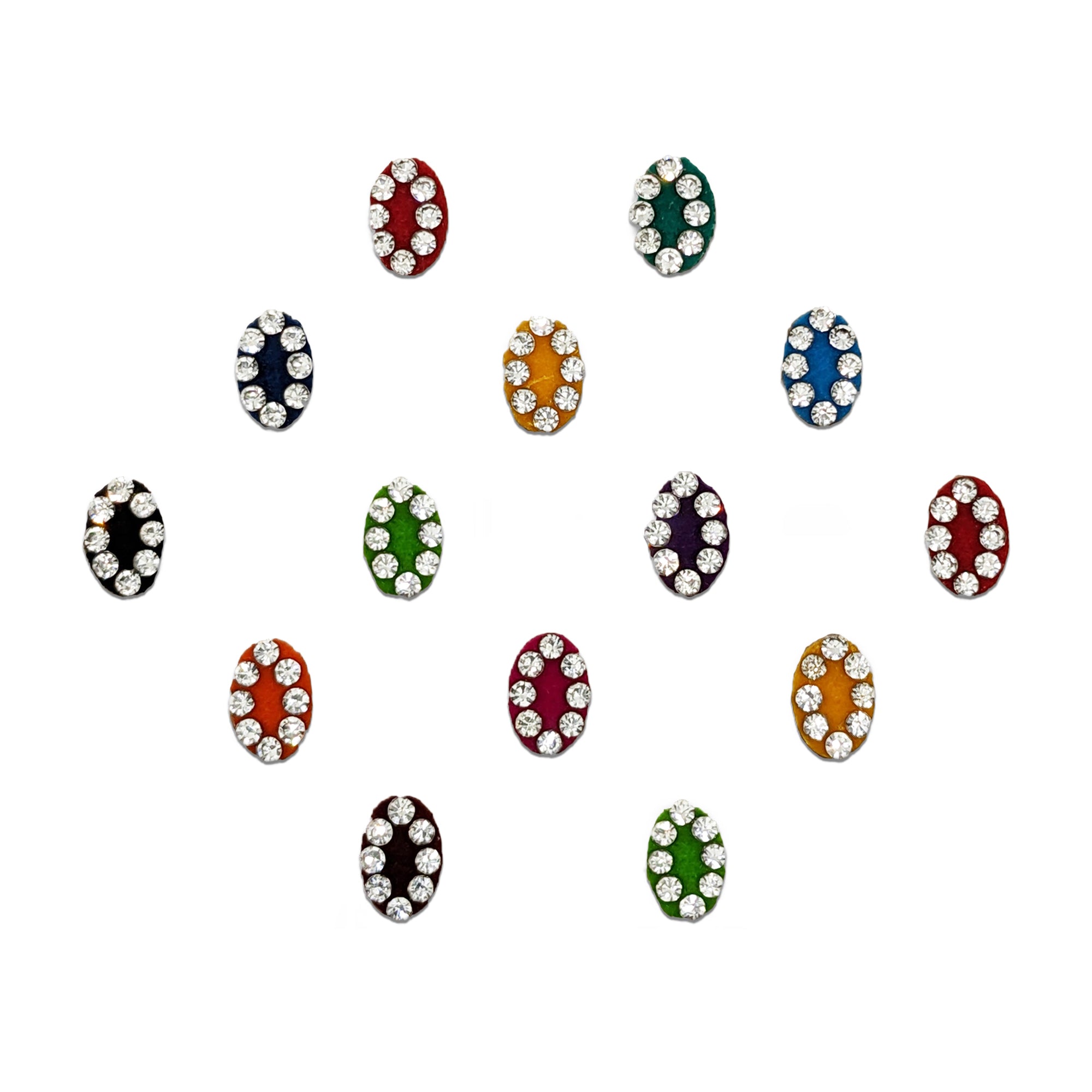 Comet Busters Multicolor Oval Velvet Rhinestone Bindis featuring colorful oval velvet bindis in red, green, blue, yellow, orange, purple, pink, black, and maroon shades, decorated with sparkling white crystal stones around the border. Premium self-adhesive bindis ideal for weddings, festivals, parties, and traditional ethnic wear.