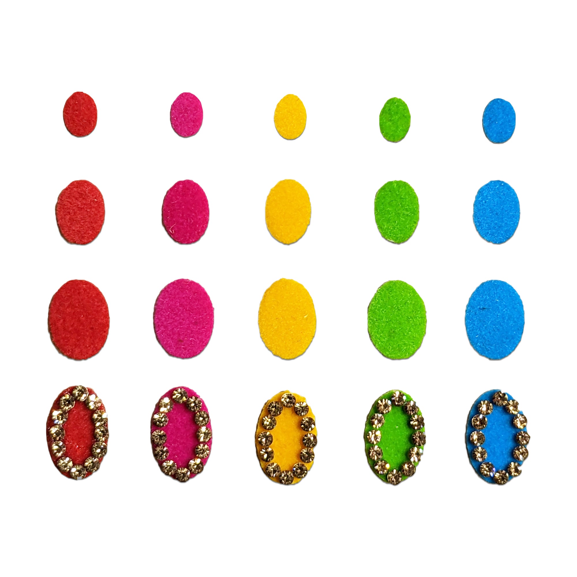 Comet Busters Multicolor Oval Velvet Rhinestone Bindis featuring colorful oval velvet bindis in red, green, blue, yellow, orange, purple, pink, black, and maroon shades, decorated with sparkling white crystal stones around the border. Premium self-adhesive bindis ideal for weddings, festivals, parties, and traditional ethnic wear.