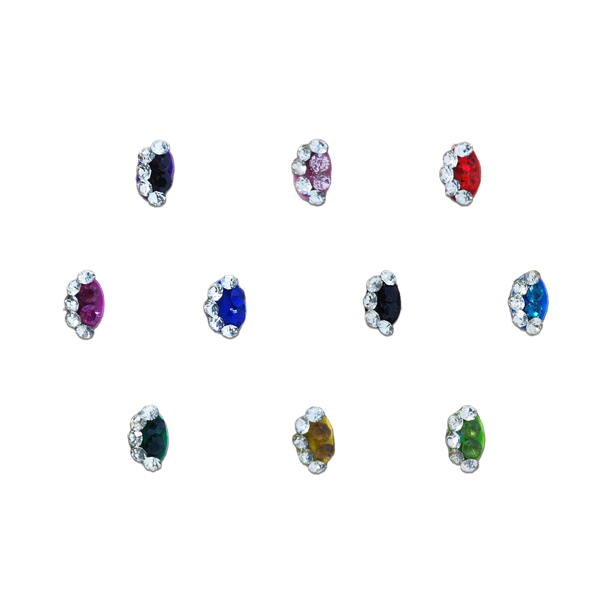 Comet Busters Elegant multicolor oval bindis featuring faceted colored stones surrounded by sparkling white crystal accents, perfect for festive, party, bridal, and ethnic wear.
