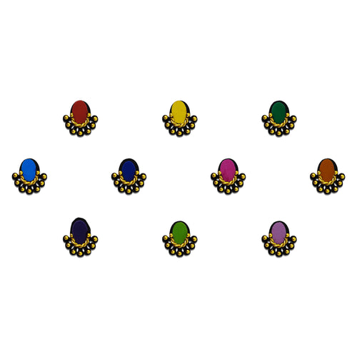 Comet Busters assorted oval-shaped velvet bindis featuring elegant black bead fan motifs and gold accents in red, yellow, green, blue, pink, orange and purple shades, perfect for festive, traditional and party wear looks.