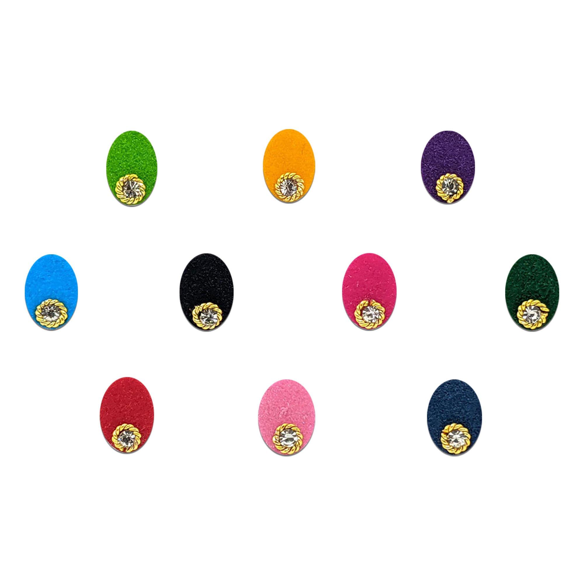 Comet Busters multicolor oval velvet stone bindis featuring colorful oval bindis in green, yellow, purple, blue, black, pink, red, and navy shades with sparkling crystal stone accents and golden border detailing for festive and traditional wear.
