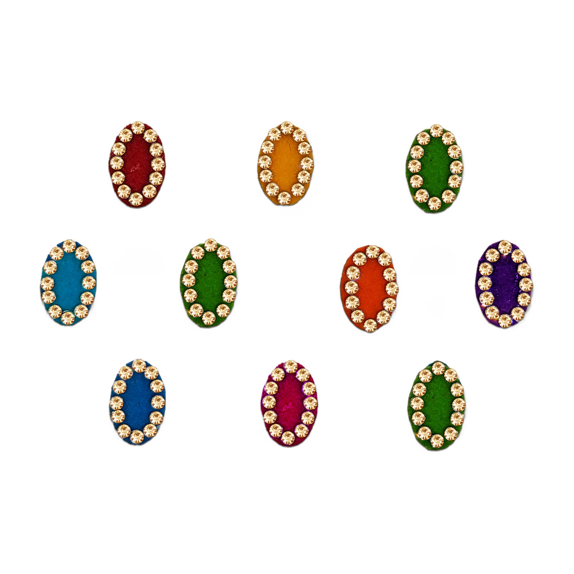 Comet Busters multicolor velvet Oval bindis featuring sparkling crystal stone accents for festive, traditional, and party wear.