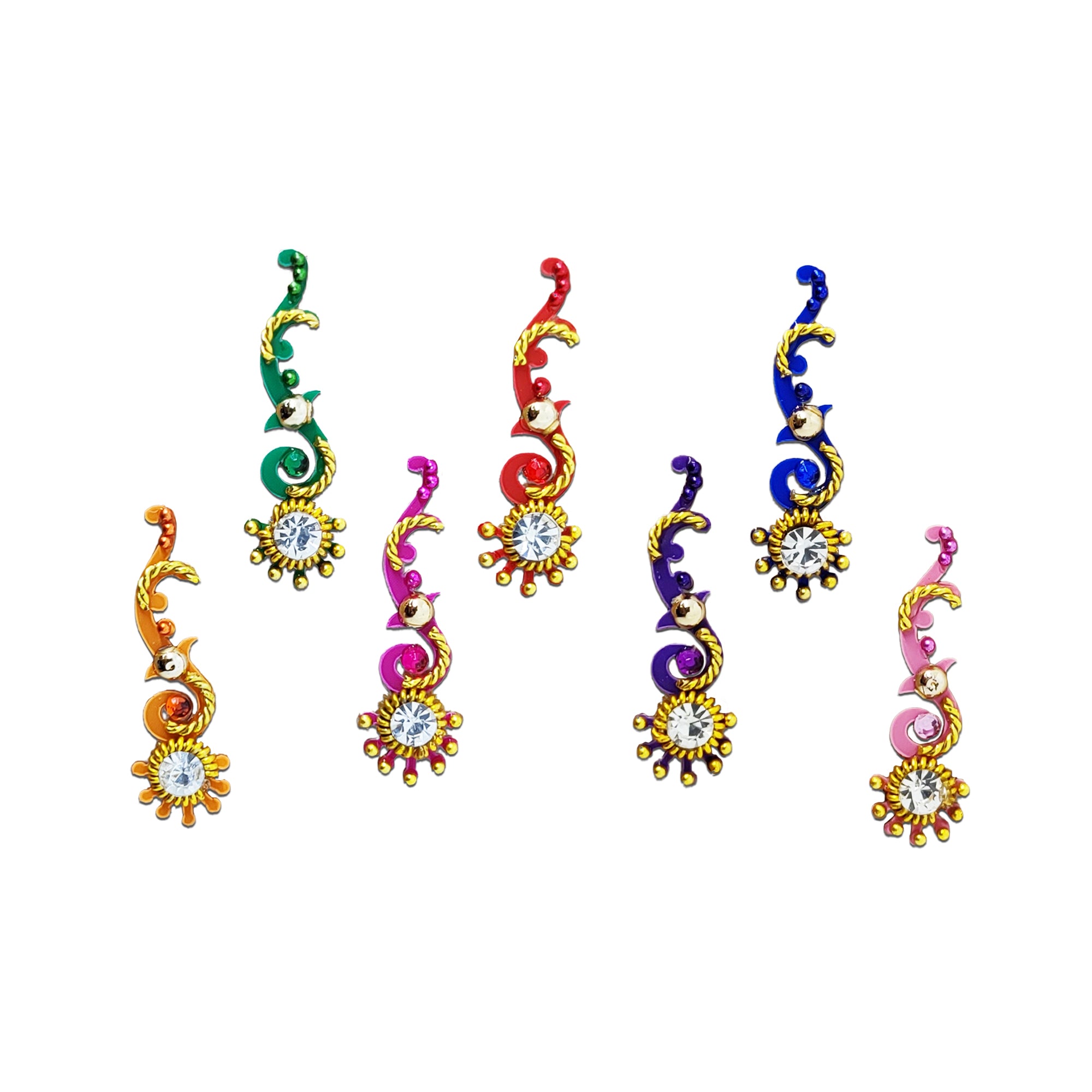 Comet Busters Multicolor Crystal Designer Bindi set featuring elegant paisley-shaped bindis in green, red, blue, orange, pink, and purple with gold detailing and sparkling crystal accents. Premium self-adhesive reusable bindis for women and girls, ideal for weddings, festivals, parties, classical dance, and traditional ethnic wear.
