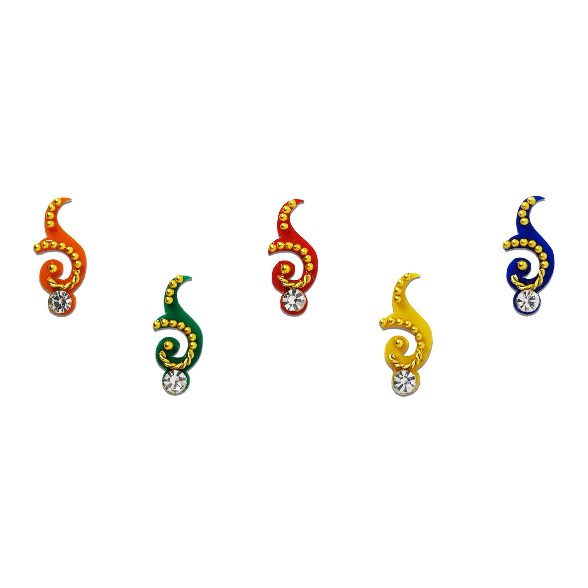 Comet Busters colorful paisley-style bindis featuring gold bead detailing and sparkling crystal drops in red, blue, green, yellow and orange shades, ideal for weddings, festivals, parties and traditional ethnic outfits.