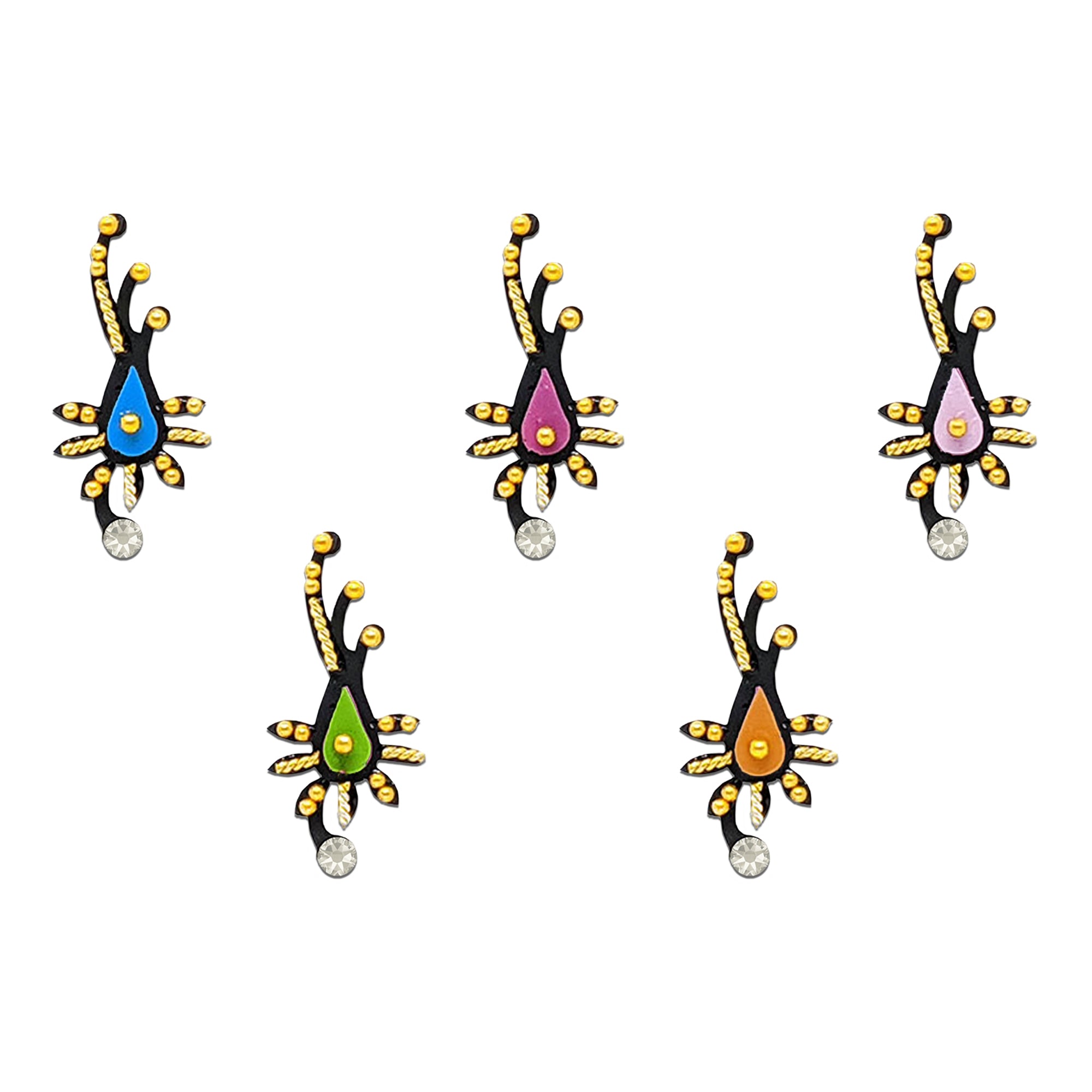 Comet Busters multicolor paisley designer bindis featuring black ornamental patterns with blue, pink, green, peach, and lavender teardrop accents, golden bead detailing, and crystal stone drops for festive and traditional wear.