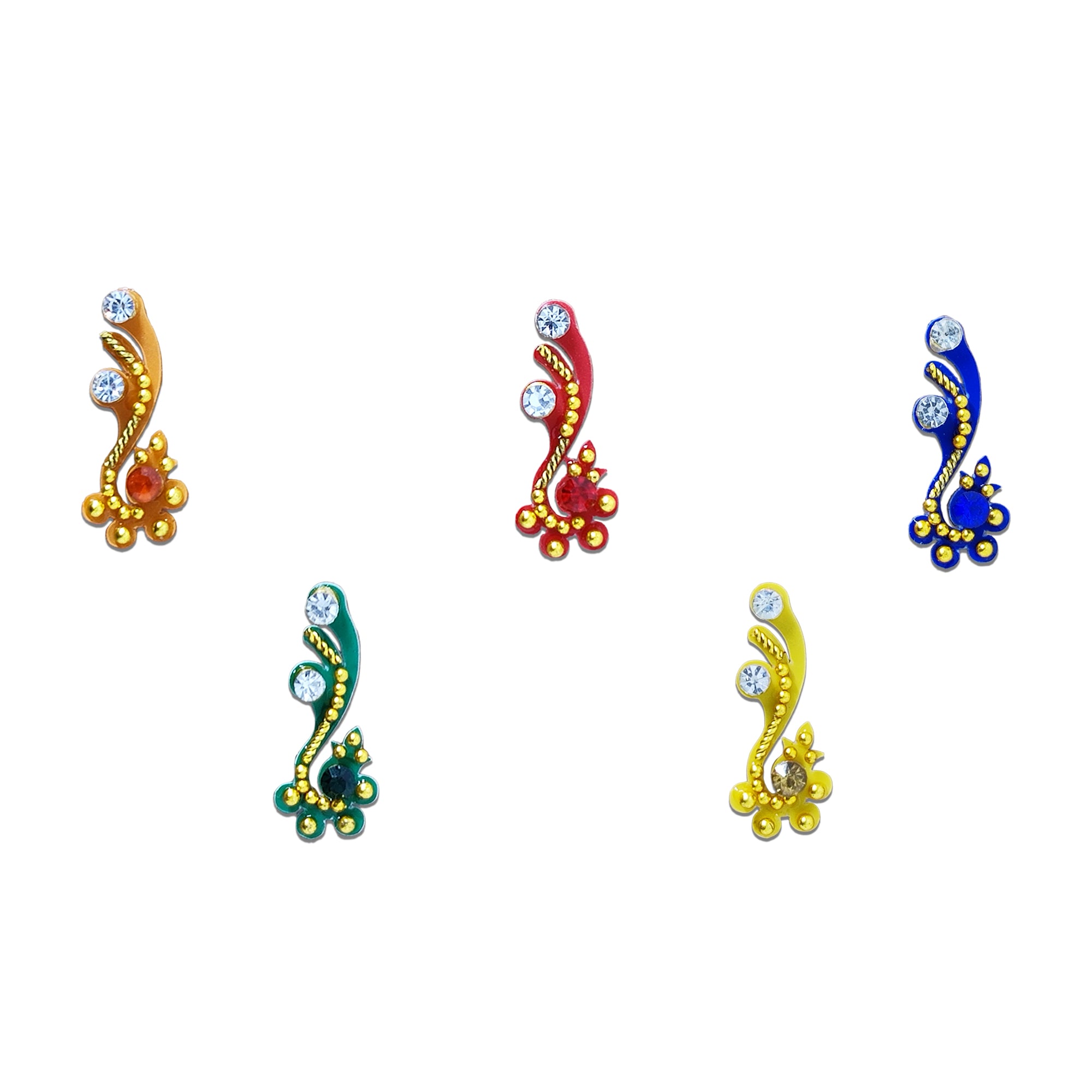 Comet Busters multicolor paisley designer bindi set featuring 5 reusable self-adhesive bindis with colorful crystal stones, gold bead detailing, and elegant curved motifs. Perfect for weddings, festivals, Navratri, Diwali, parties, and traditional ethnic wear for women and girls.