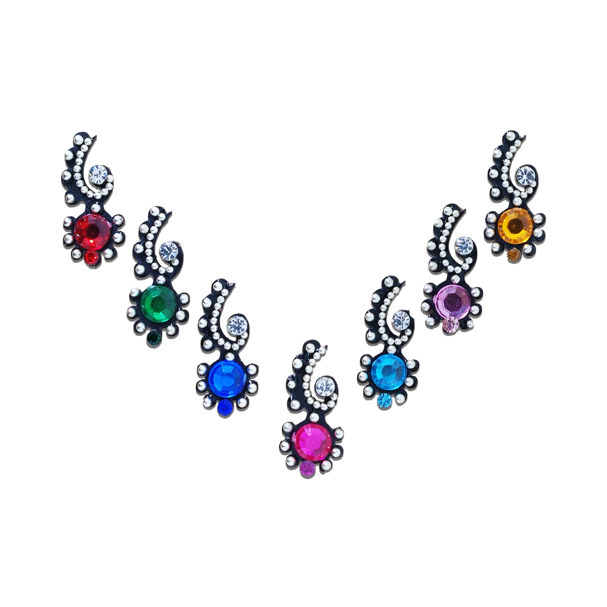 Comet Busters multicolor paisley designer bindi sheet featuring 8 reusable self-adhesive bindis with sparkling crystal stones, vibrant red, green, blue, pink, purple, yellow, and aqua gemstones, accented with pearl detailing. Elegant festive bindis for weddings, Navratri, Diwali, Karwa Chauth, parties, and traditional ethnic wear including sarees, lehengas, kurtis, and salwar suits.