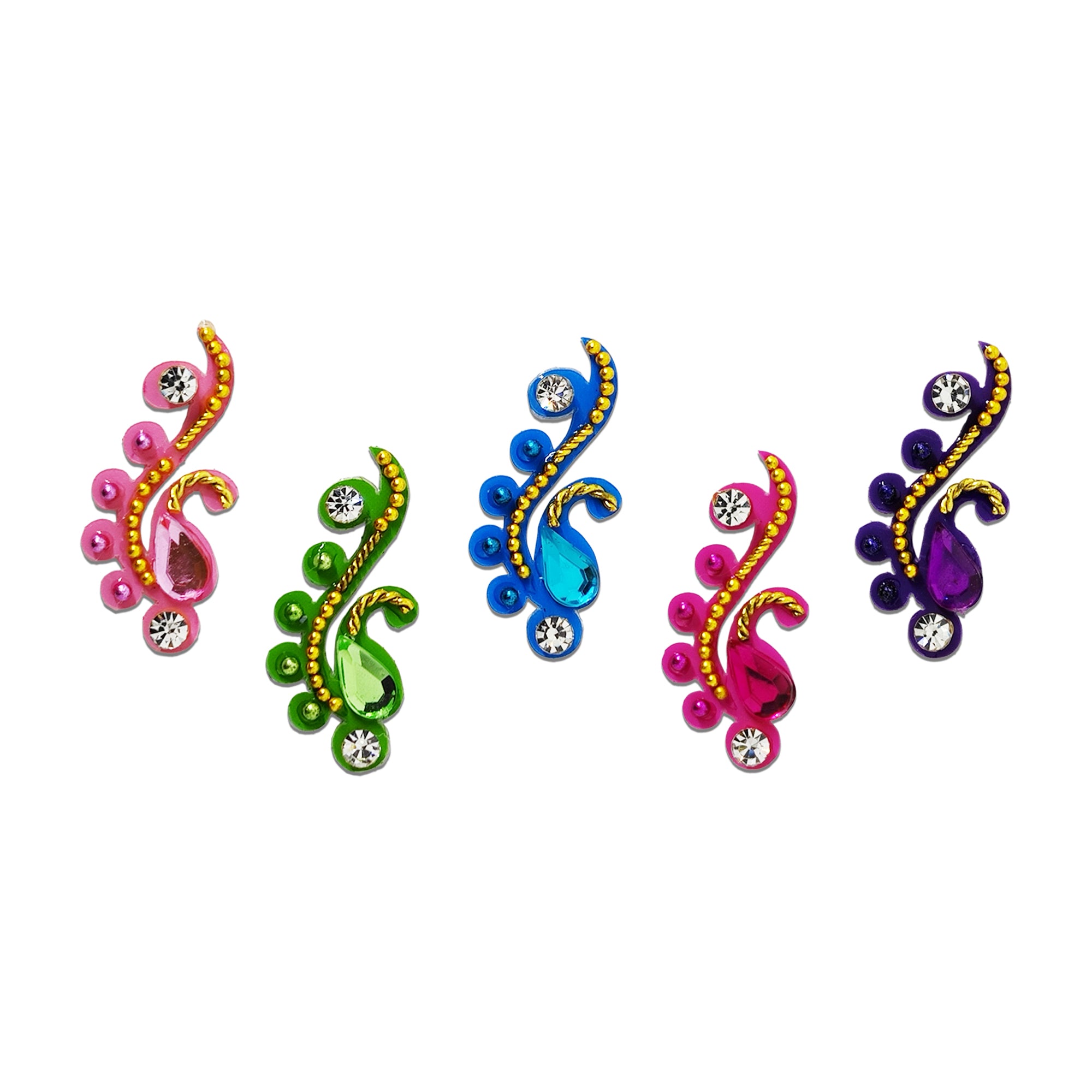 Comet Busters multicolor peacock designer bindi set featuring 5 reusable self-adhesive bindis with colorful teardrop crystal stones, sparkling rhinestones, gold bead detailing, and elegant peacock-inspired motifs. Perfect for weddings, festivals, Navratri, Diwali, parties, classical dance, and traditional ethnic wear for women and girls.