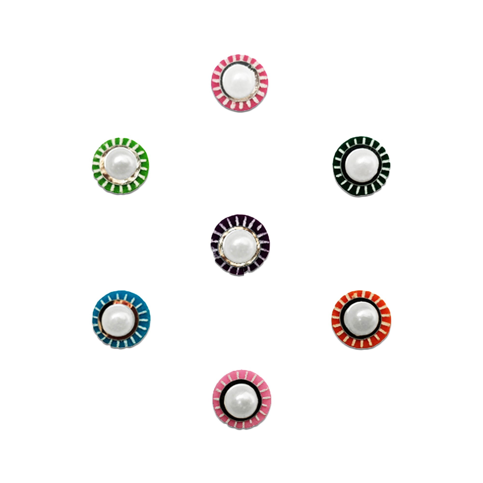 comet Busters multicolor round designer bindi sheet featuring 7 reusable self-adhesive bindis with elegant pearl centers, striped enamel borders, and vibrant colors including pink, green, teal, orange, purple, and dark green. Perfect for festive celebrations, weddings, Navratri, Diwali, Karwa Chauth, parties, and traditional ethnic wear such as sarees, lehengas, kurtis, and salwar suits.