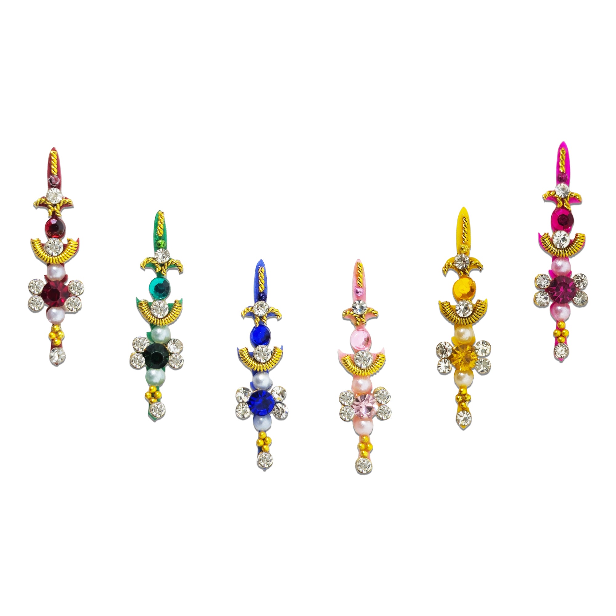 Comet Busters Multicolor Pearl Crystal Floral Designer Bindi featuring an elegant long vertical design with sparkling crystal rhinestones, pearl accents, floral stone clusters, gold-tone decorative detailing, and vibrant shades of maroon, green, royal blue, baby pink, yellow, and magenta. Self-adhesive designer bindi for women and girls, ideal for weddings, bridal wear, festivals, Navratri, Diwali, parties, and traditional ethnic outfits.