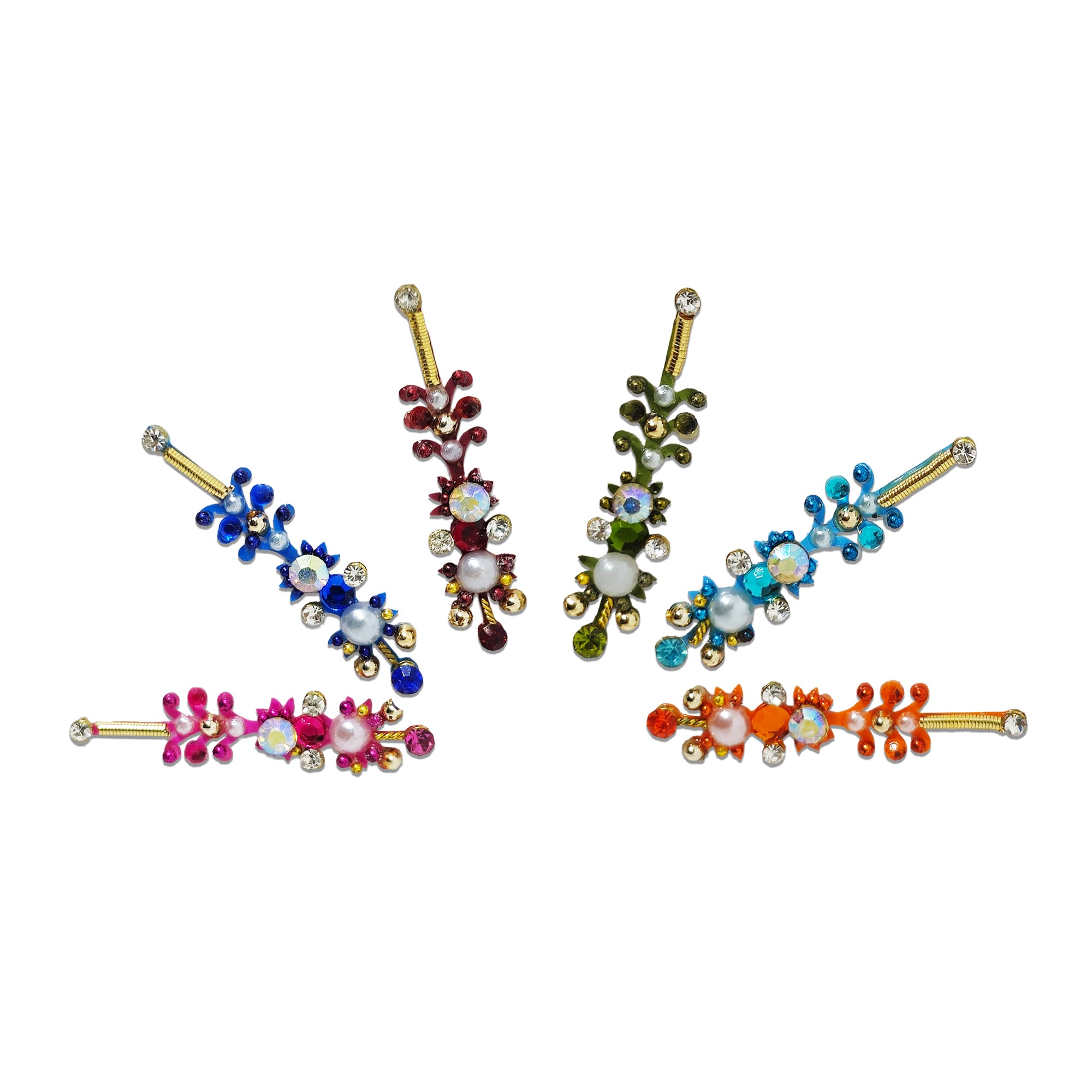 Comet Busters Multicolor Pearl Floral Crystal Designer Bindi featuring an elegant long designer pattern with sparkling crystal rhinestones, pearl accents, floral stone clusters, gold-tone detailing, and vibrant shades of royal blue, maroon, olive green, sky blue, pink, and orange. Self-adhesive bindi for women and girls, perfect for weddings, festivals, Navratri, Diwali, bridal wear, parties, cultural events, and traditional ethnic outfits.