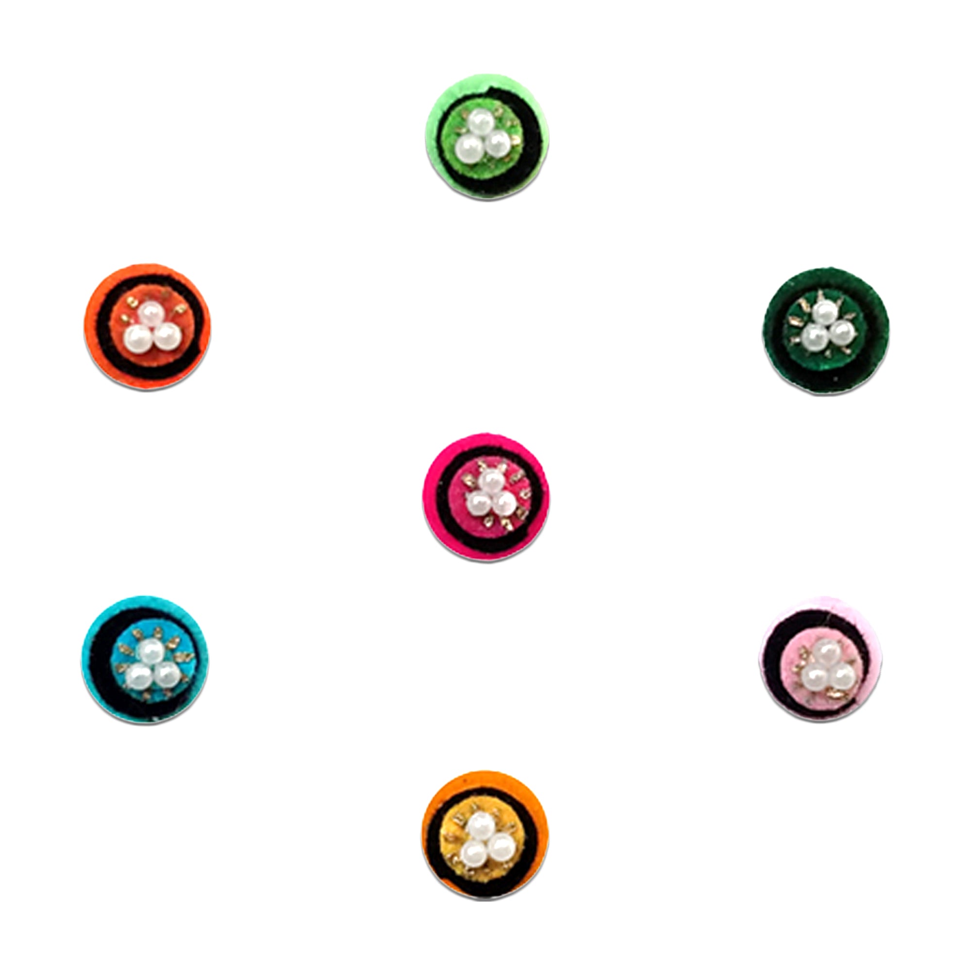 Comet Busters multicolor round designer bindi sheet featuring 7 reusable self-adhesive bindis with pearl centers, striped enamel detailing, and vibrant shades of pink, green, teal, orange, purple, and dark green. Elegant traditional bindis ideal for weddings, festivals, Navratri, Diwali, Karwa Chauth, parties, and ethnic wear including sarees, lehengas, kurtis, and salwar suits.