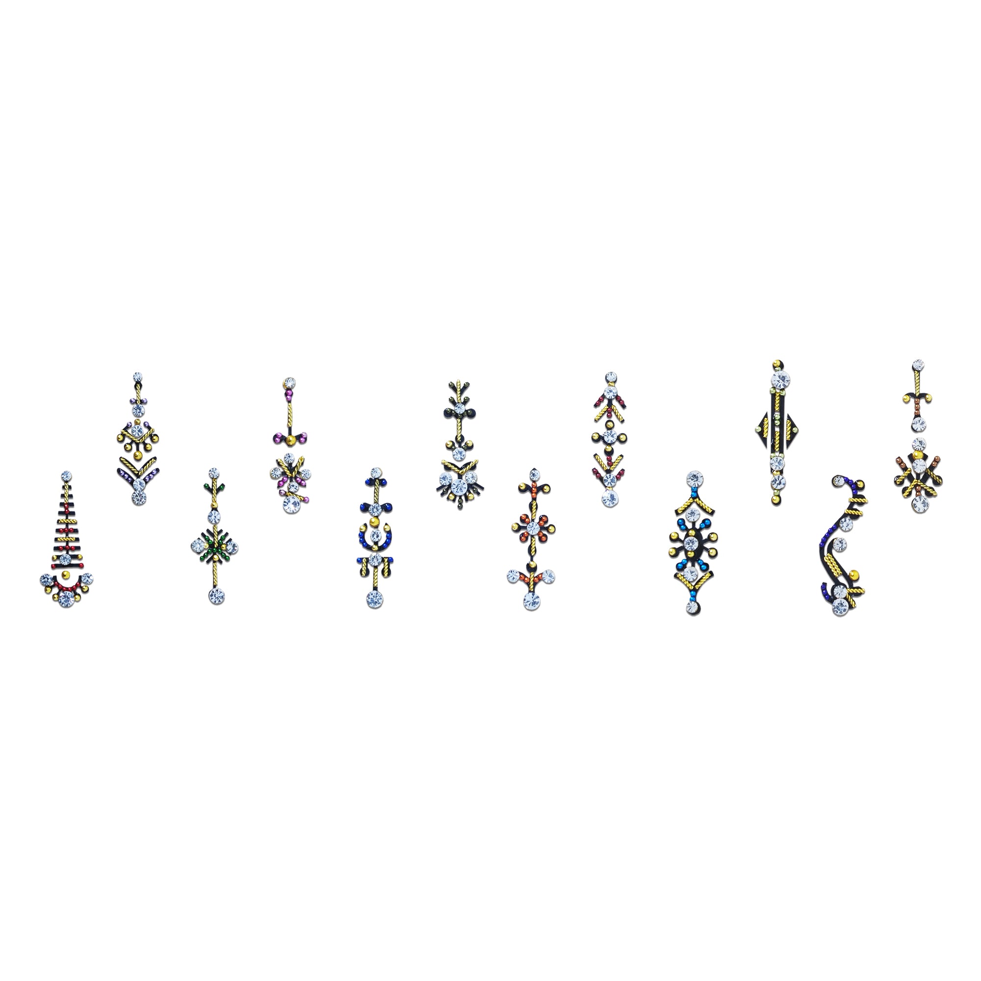 Comet Busters premium multicolor crystal designer bindi collection featuring assorted handcrafted fancy bindis embellished with clear, blue, green, pink, red, orange, gold, and purple rhinestones in elegant floral, geometric, paisley, chandelier, and traditional motifs. Self-adhesive ethnic bindis perfect for weddings, bridal wear, festivals, Navratri, Diwali, Karwa Chauth, parties, cultural events, and traditional Indian outfits.