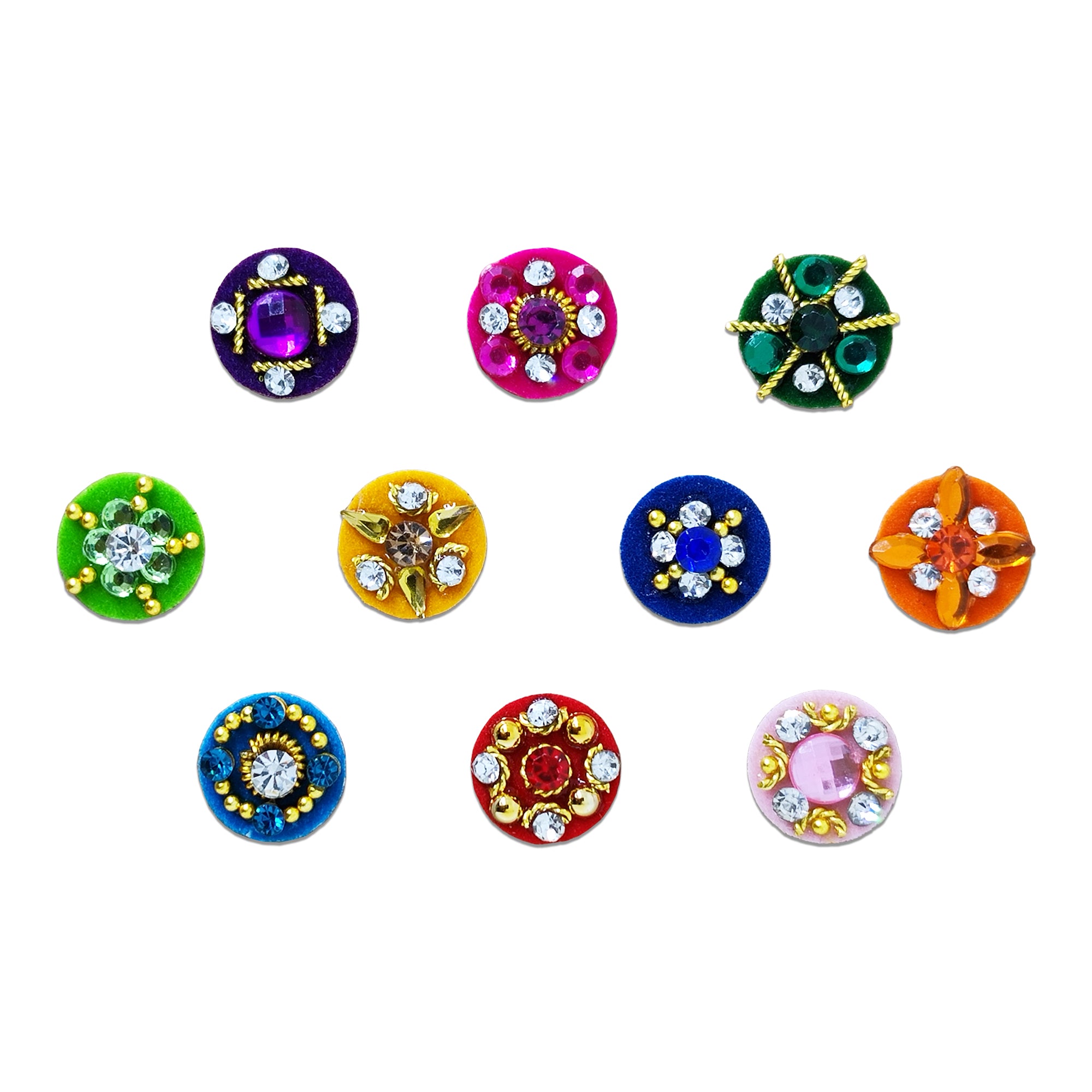 Comet Busters Multicolor Premium Designer Round Bindi collection featuring assorted circular bindis crafted on vibrant velvet bases in purple, pink, green, lime green, yellow, royal blue, orange, sky blue, red, and pastel pink. Each bindi is embellished with sparkling crystals, rhinestones, gold detailing, floral and geometric patterns, making it perfect for women and girls for weddings, festivals, Navratri, Diwali, parties, traditional wear, and Indo-western outfits.