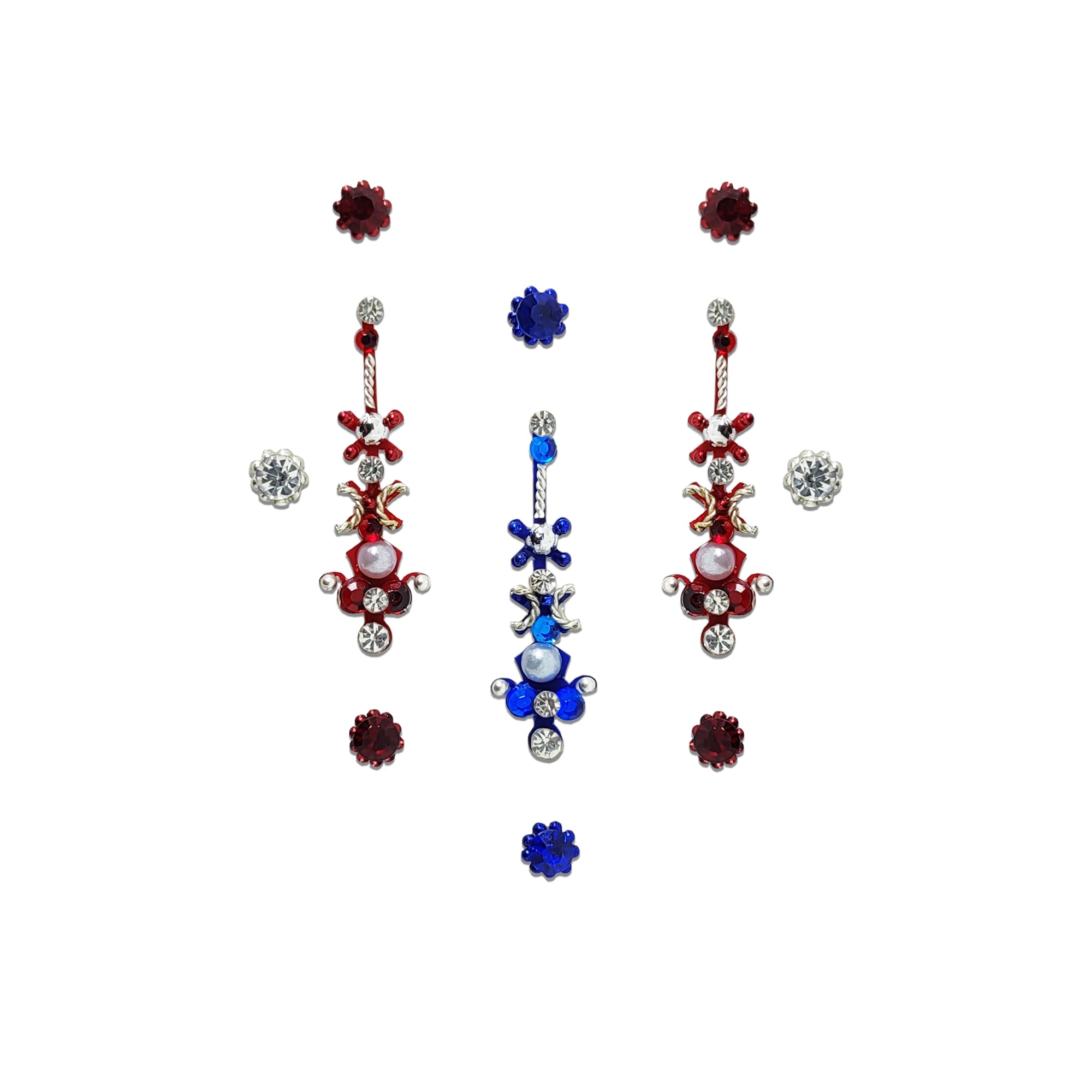 Comet Busters Royal Dual-Tone Crystal Designer Bindi Set featuring elegant ruby red and sapphire blue crystal centerpiece bindis with sparkling white rhinestones, pearl accents, and matching round stone bindis. Self-adhesive premium designer bindis for women and girls, perfect for weddings, bridal wear, festivals, Navratri, Diwali, parties, cultural events, classical dance, and traditional ethnic outfits.