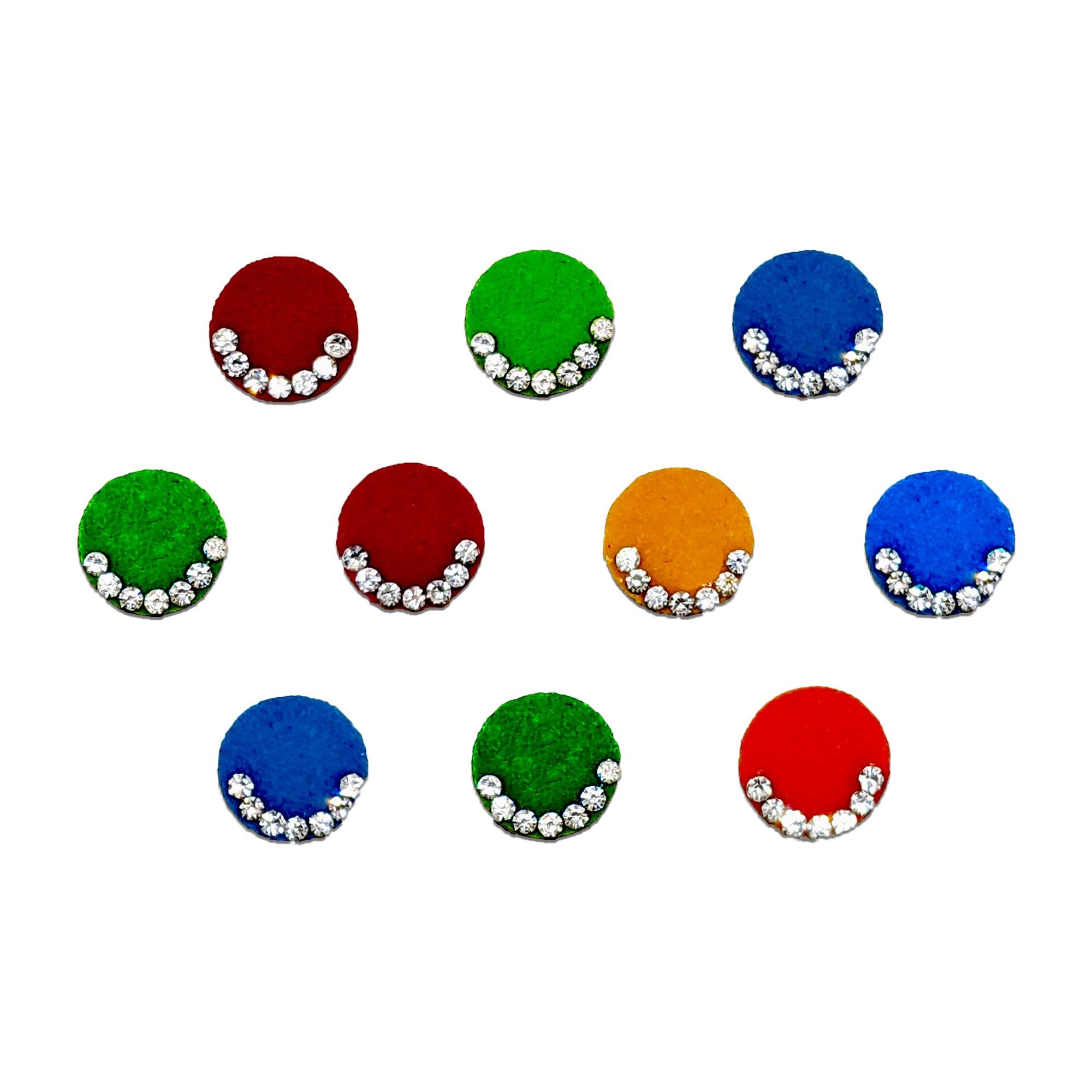 Comet Busters Multicolor Velvet Stone Bindis featuring vibrant red, green, blue, and orange round velvet bindis accented with sparkling crystal stones arranged in an elegant smile-shaped curve. Premium self-adhesive bindis ideal for festivals, parties, daily wear, and ethnic fashion.