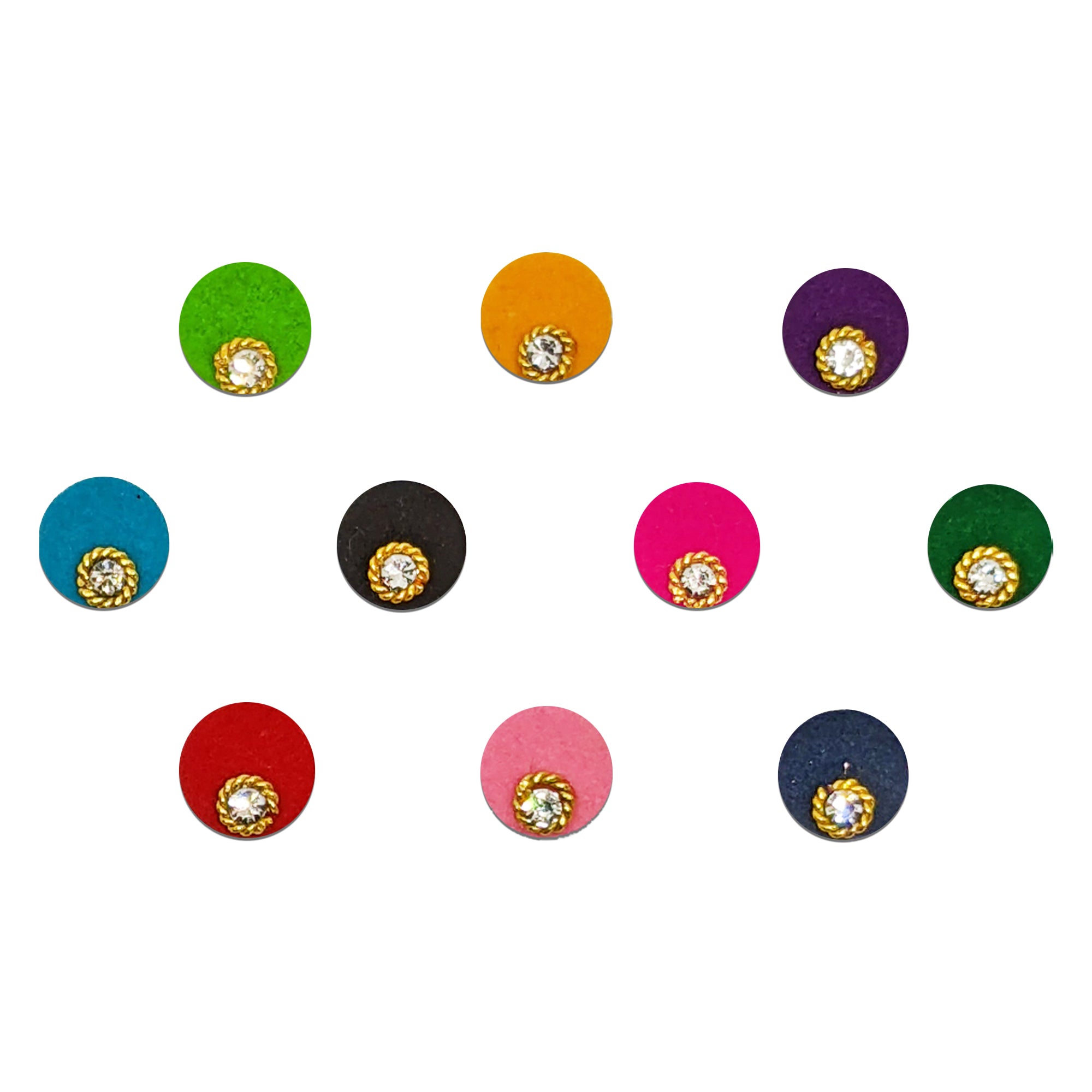 Comet Busters multicolor round crystal bindis featuring vibrant stones in purple, red, green, orange, blue, pink, yellow, and turquoise shades. Each bindi is encircled by a decorative golden bead border and accented with a sparkling clear rhinestone, creating an elegant traditional design ideal for weddings, festivals, cultural events, and ethnic wear.