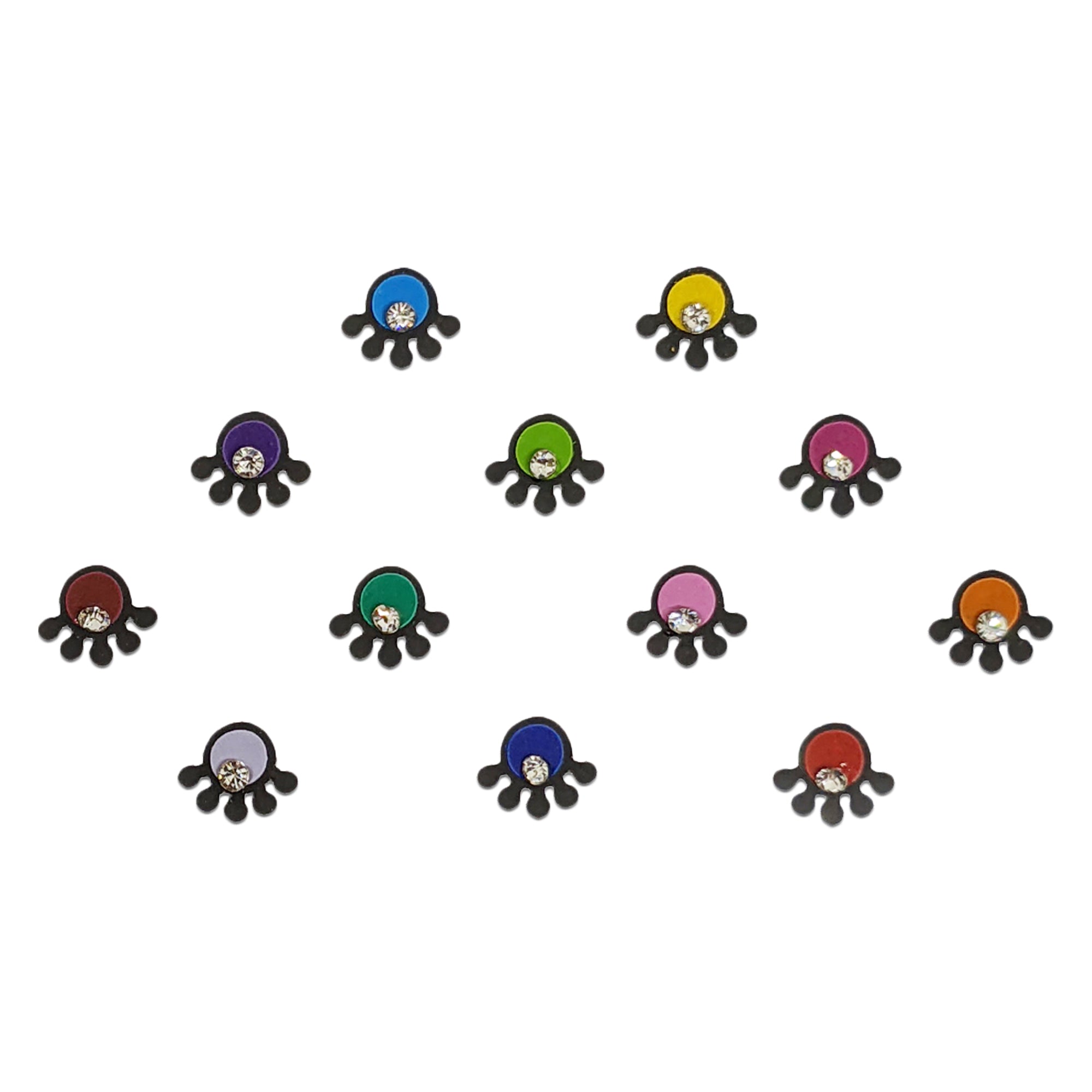 Comet Busters multicolor round designer bindi with crystal stone center and decorative black accents for women.