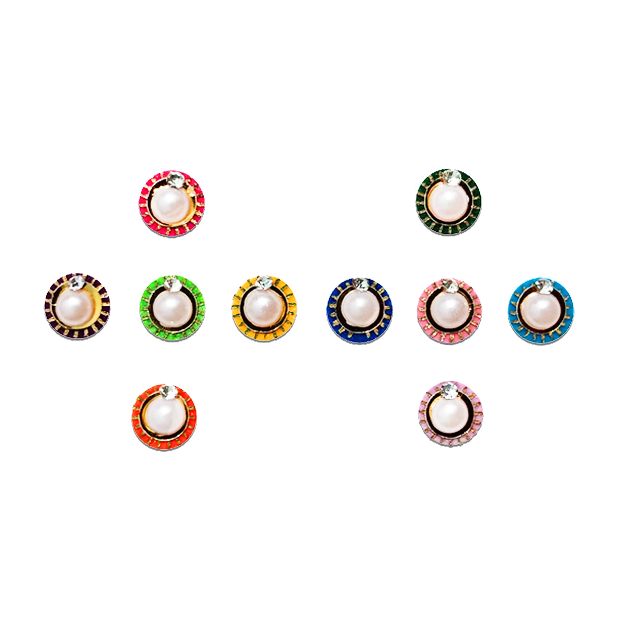 Comet Busters multicolor round designer bindi set featuring sparkling crystal stones, colorful center gems, and elegant golden beaded borders. Reusable self-adhesive bindis for women and girls, ideal for weddings, festivals, parties, Navratri, Diwali, ethnic wear, sarees, lehengas, kurtis, and traditional Indian outfits.