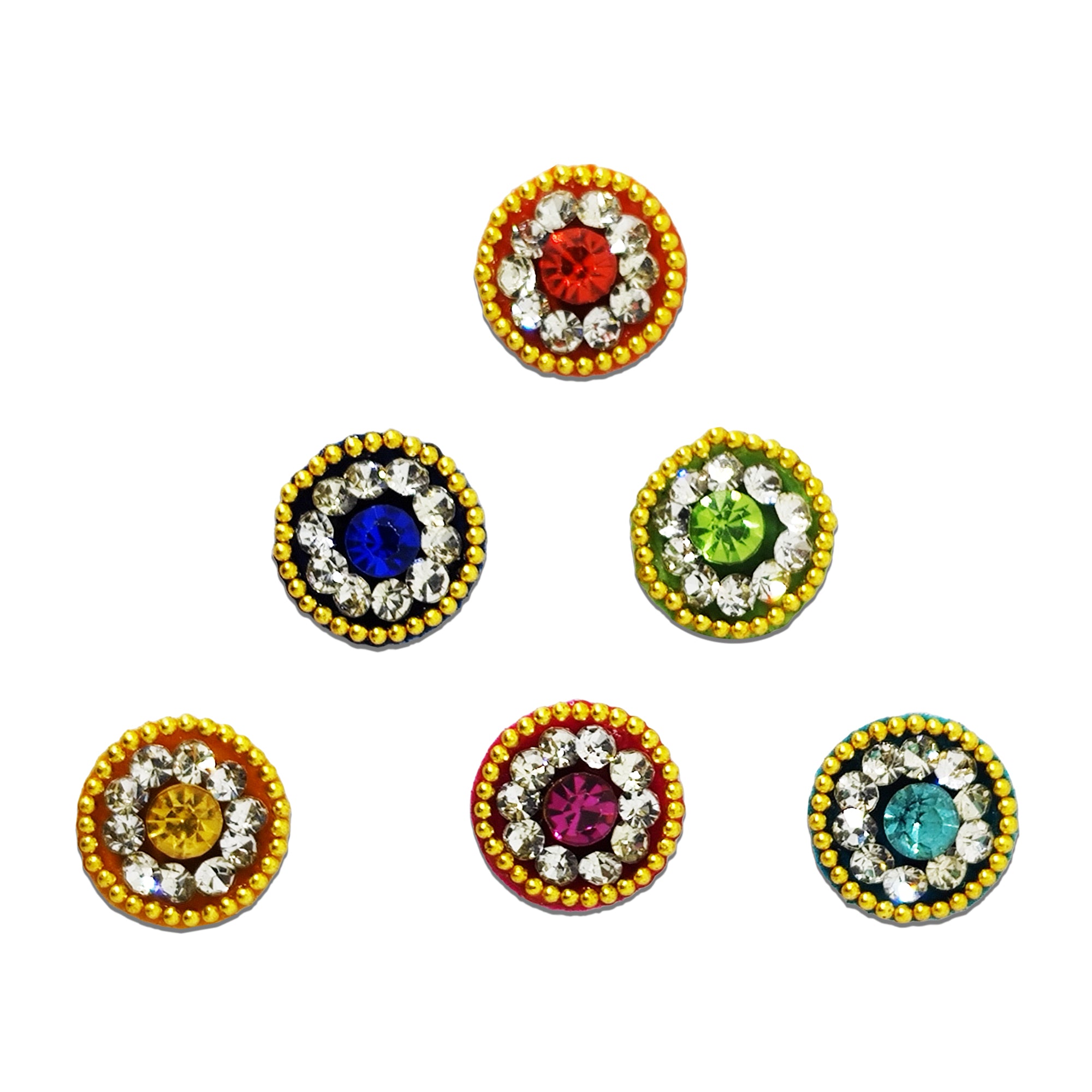 Comet Busters multicolor round designer bindi set featuring sparkling crystal stones, colorful center gems, and elegant golden beaded borders. Reusable self-adhesive bindis for women and girls, ideal for weddings, festivals, parties, Navratri, Diwali, ethnic wear, sarees, lehengas, kurtis, and traditional Indian outfits.