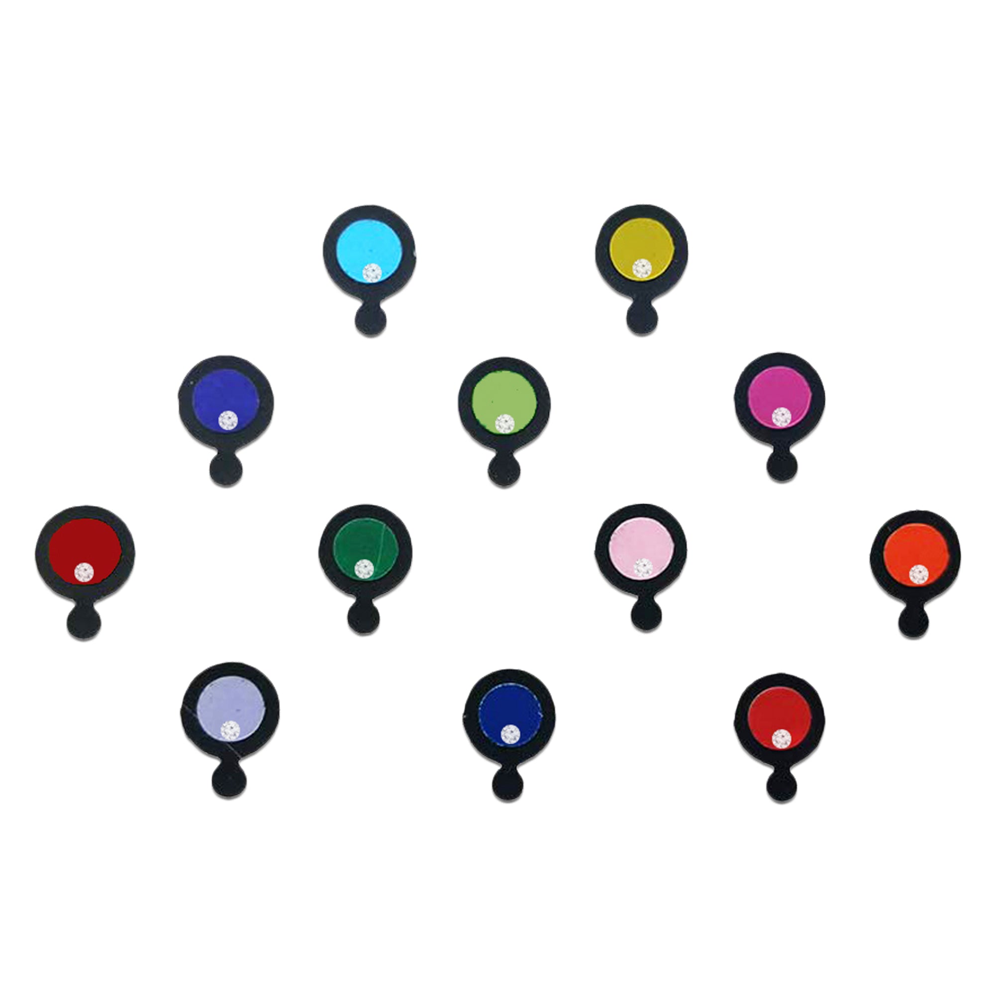 Comet Busters multicolor round designer bindi with crystal stone accent and black border for women.