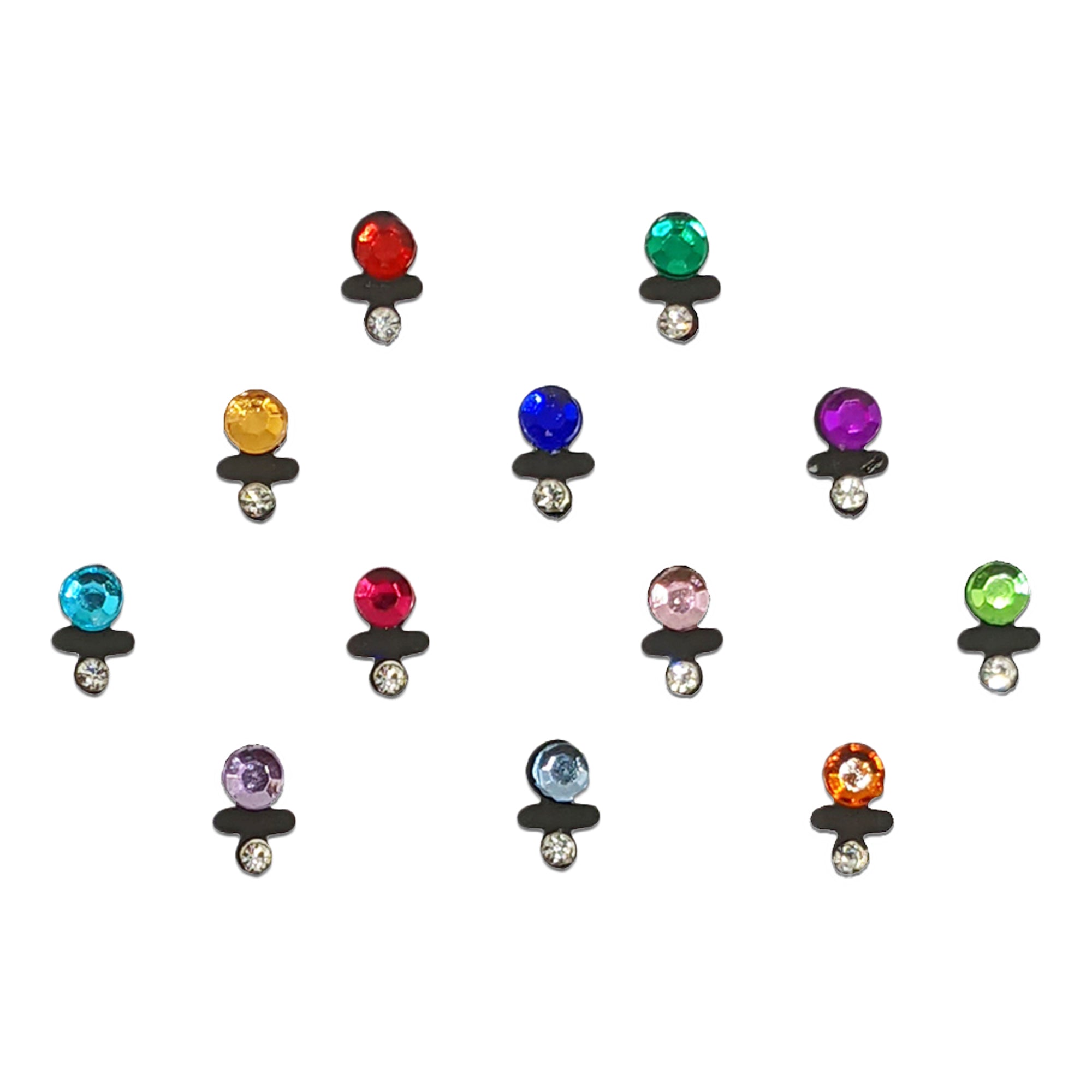 Comet Busters multicolor round crystal bindis featuring faceted gemstone-like stones in red, green, blue, pink, purple, orange, and aqua shades. Each bindi is accented with a sparkling clear rhinestone below the colored stone, creating a vibrant traditional look perfect for festivals, weddings, parties, and ethnic wear.