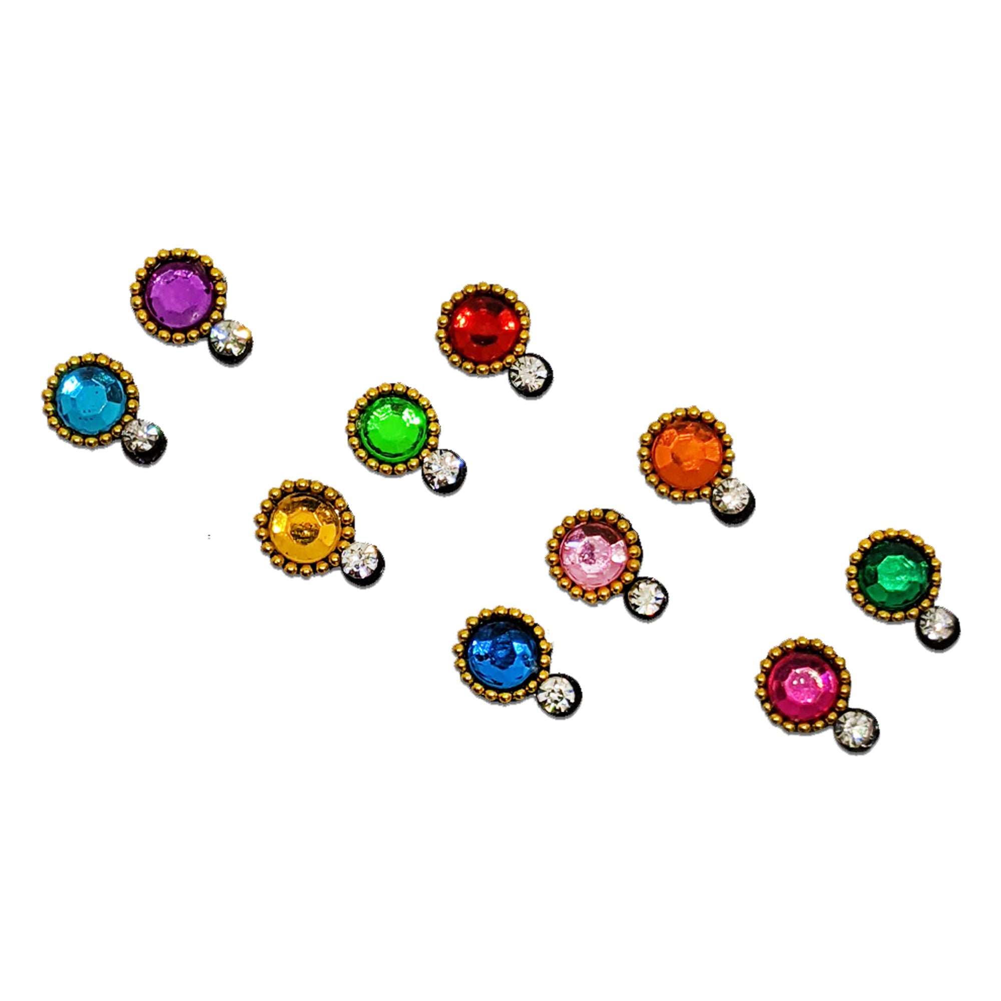 Comet Busters multicolor round crystal bindis featuring vibrant stones in purple, red, green, orange, blue, pink, yellow, and turquoise shades. Each bindi is encircled by a decorative golden bead border and accented with a sparkling clear rhinestone, creating an elegant traditional design ideal for weddings, festivals, cultural events, and ethnic wear.