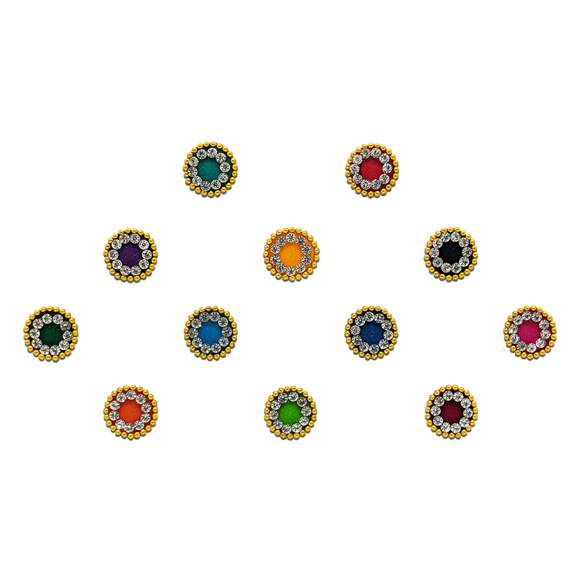 Comet Busters multicolor mini round bindis featuring elegant crystal stone borders with vibrant center shades for festive, casual, and ethnic wear styling.