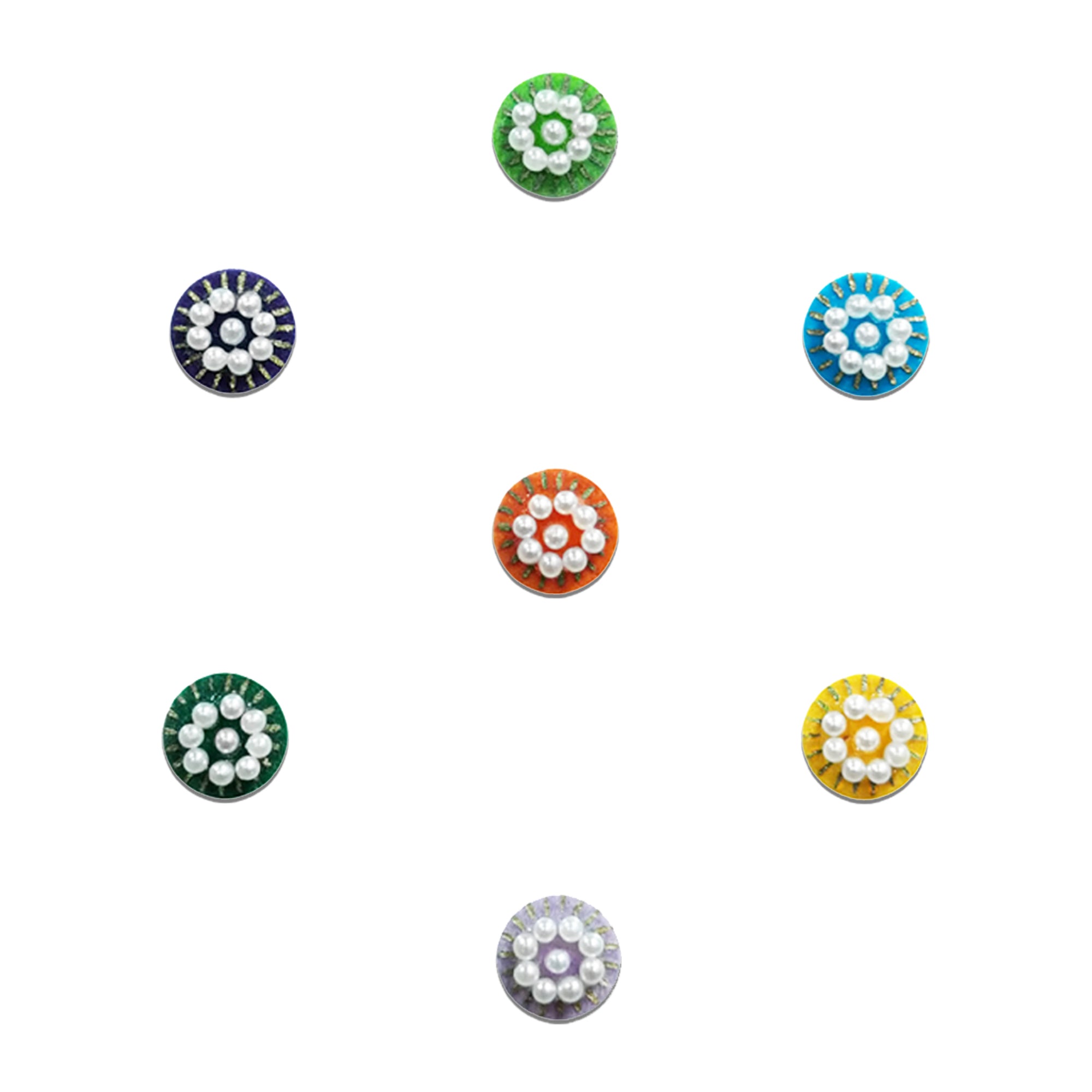 Comet Busters multicolor round designer bindi sheet featuring 7 reusable self-adhesive bindis with pearl centers, striped enamel detailing, and vibrant shades of pink, green, teal, orange, purple, and dark green. Elegant traditional bindis ideal for weddings, festivals, Navratri, Diwali, Karwa Chauth, parties, and ethnic wear including sarees, lehengas, kurtis, and salwar suits.
