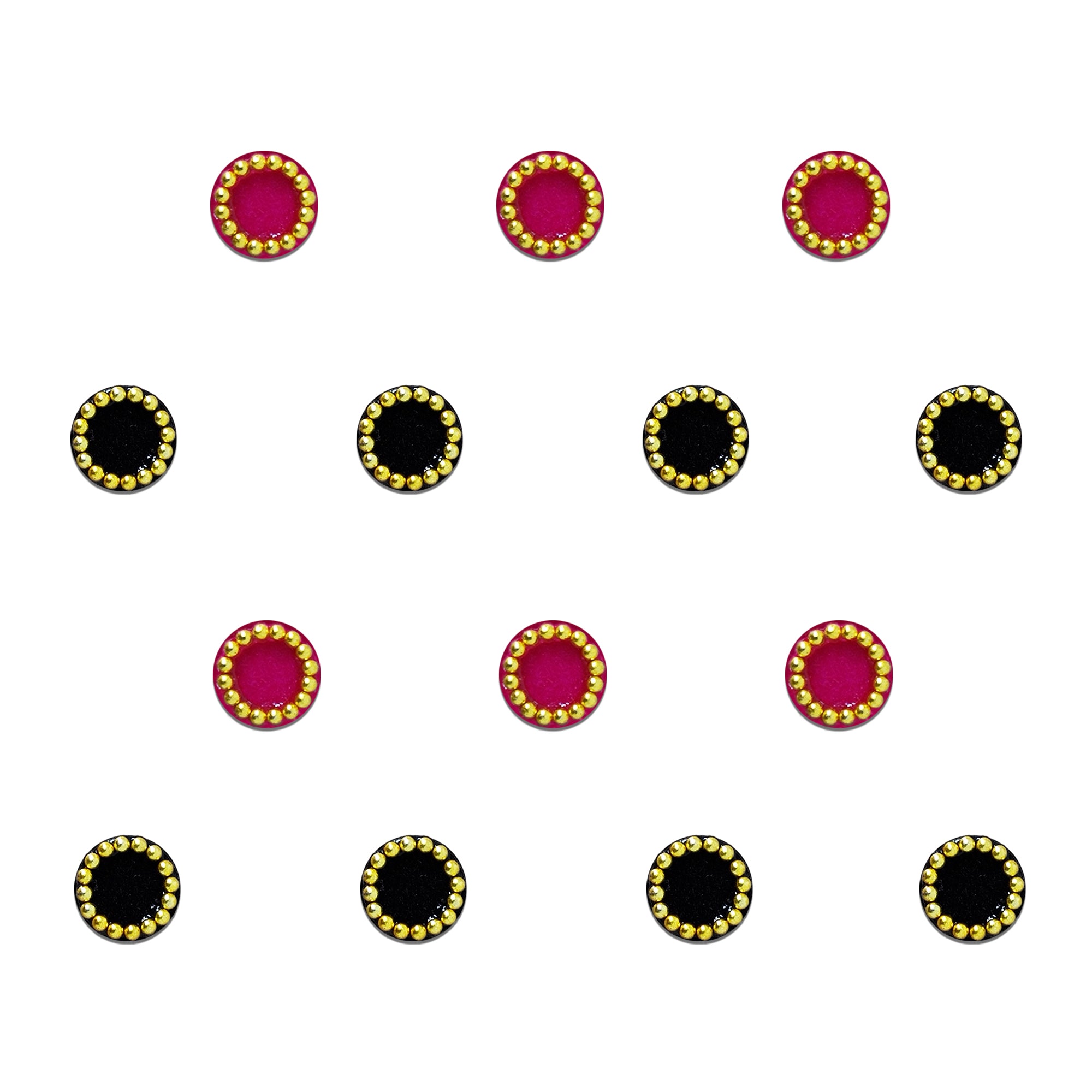Comet Busters velvet stone bindis featuring pink and black round velvet dots