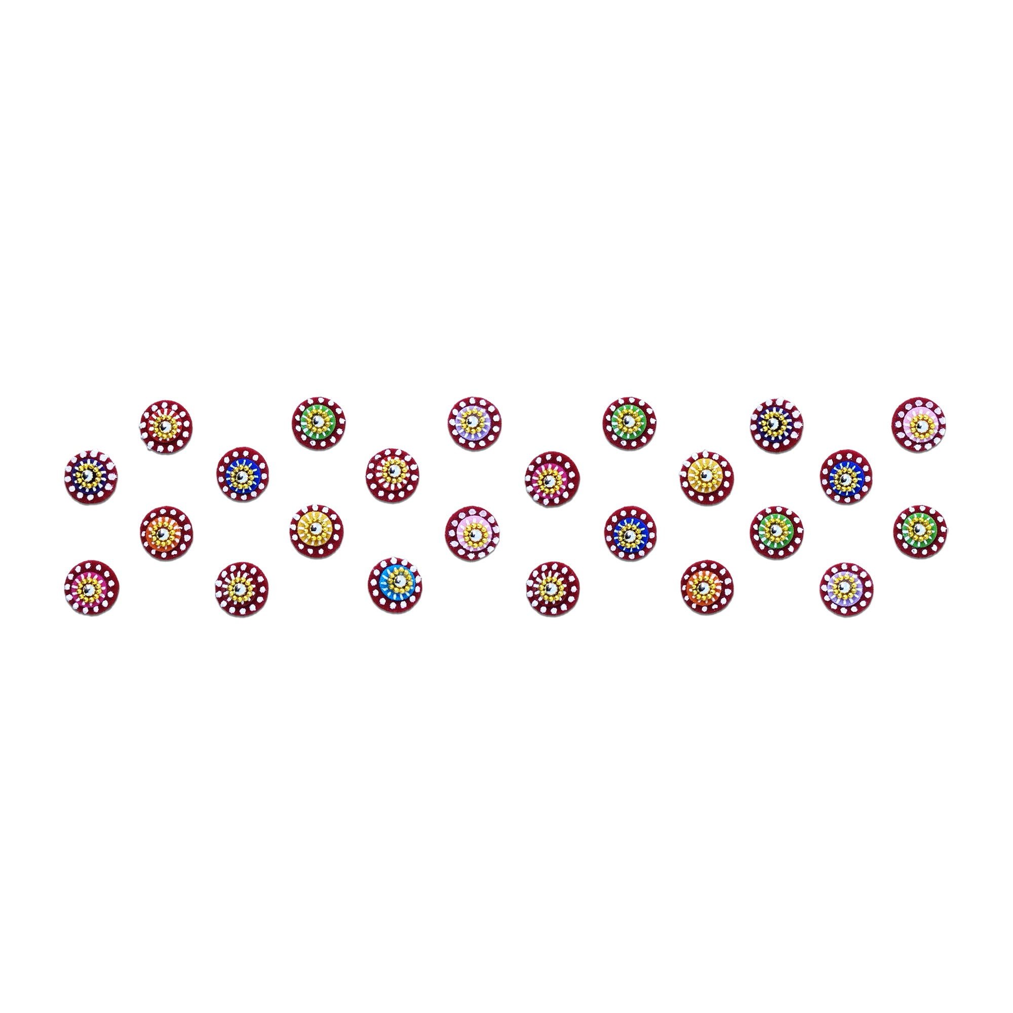 Comet Busters multicolor round traditional designer bindi sheet featuring maroon base bindis with vibrant multicolor floral dot centers and white dotted borders. Reusable self-adhesive bindis for women and girls, perfect for everyday wear, festive celebrations, Navratri, Diwali, Karwa Chauth, weddings, temple visits, cultural events, sarees, lehengas, salwar suits, and ethnic fashion.