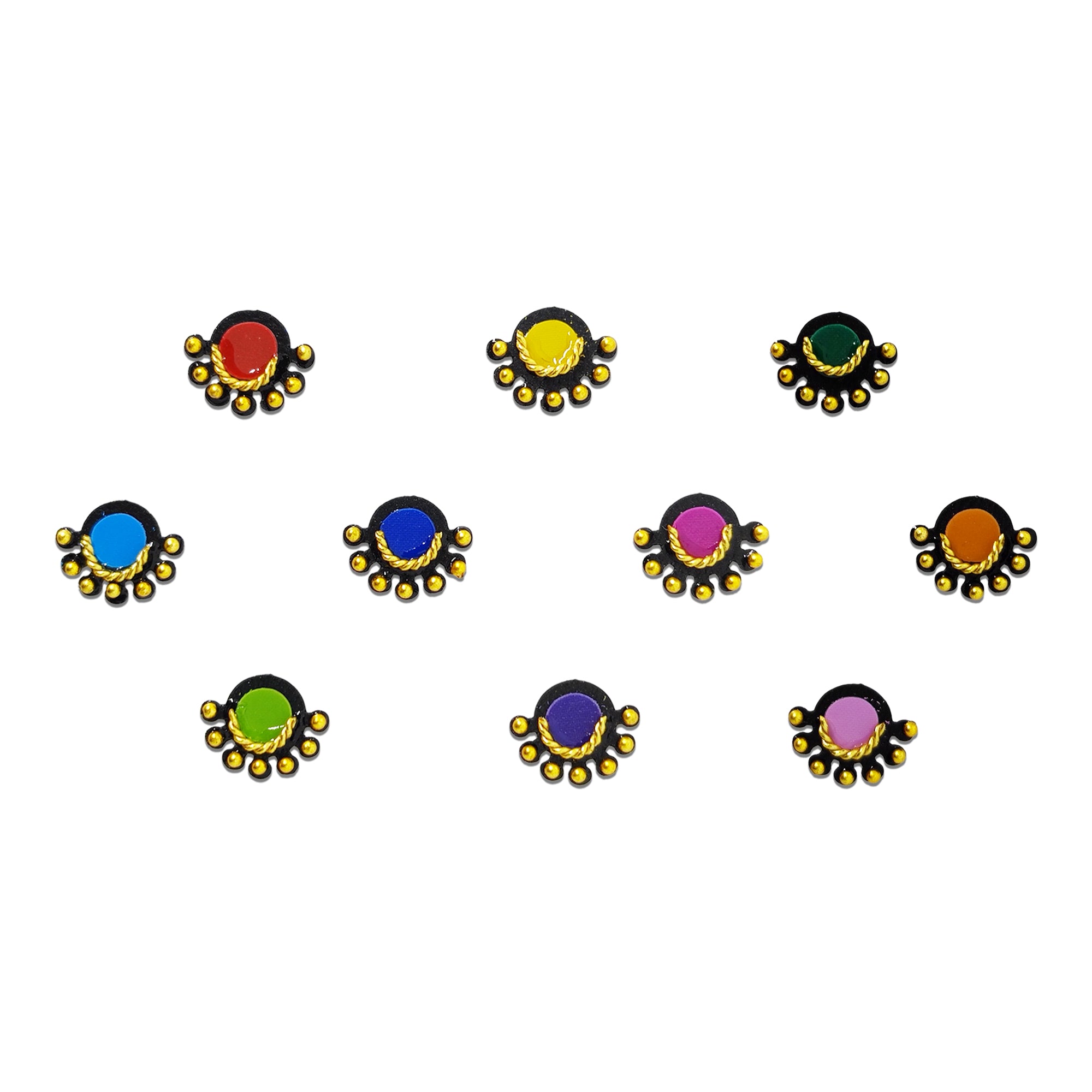 Comet Busters colorful round bindis featuring decorative gold bead fan accents and gold rope detailing in red, yellow, green, blue, pink, orange and purple shades, perfect for weddings, festivals, cultural occasions and party wear.