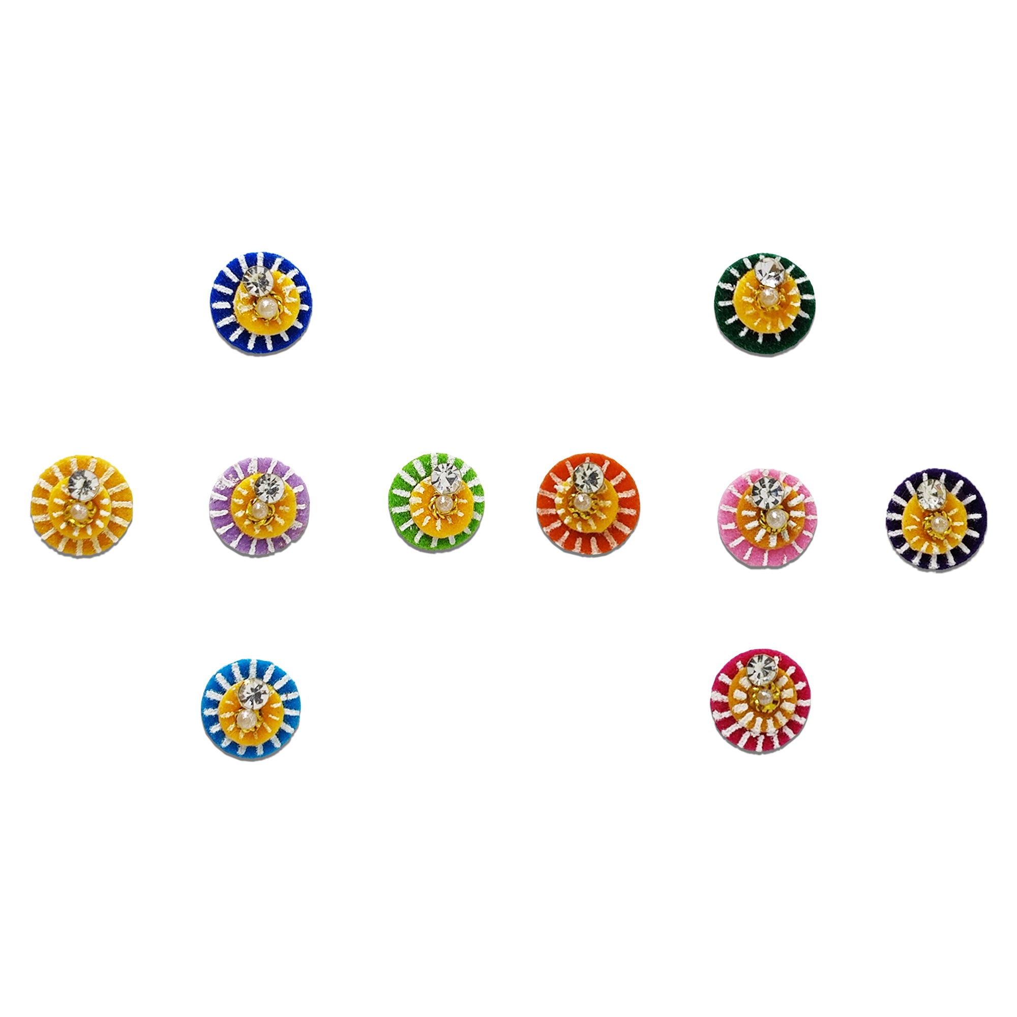 Comet Busters multicolor round floral designer bindi sheet featuring 10 reusable self-adhesive bindis with vibrant velvet-style circular bases, white striped detailing, sparkling crystal stones, and golden floral accents. Colorful festive bindis ideal for Navratri, Diwali, Karwa Chauth, weddings, cultural events, parties, and traditional ethnic wear including sarees, lehengas, and salwar suits.