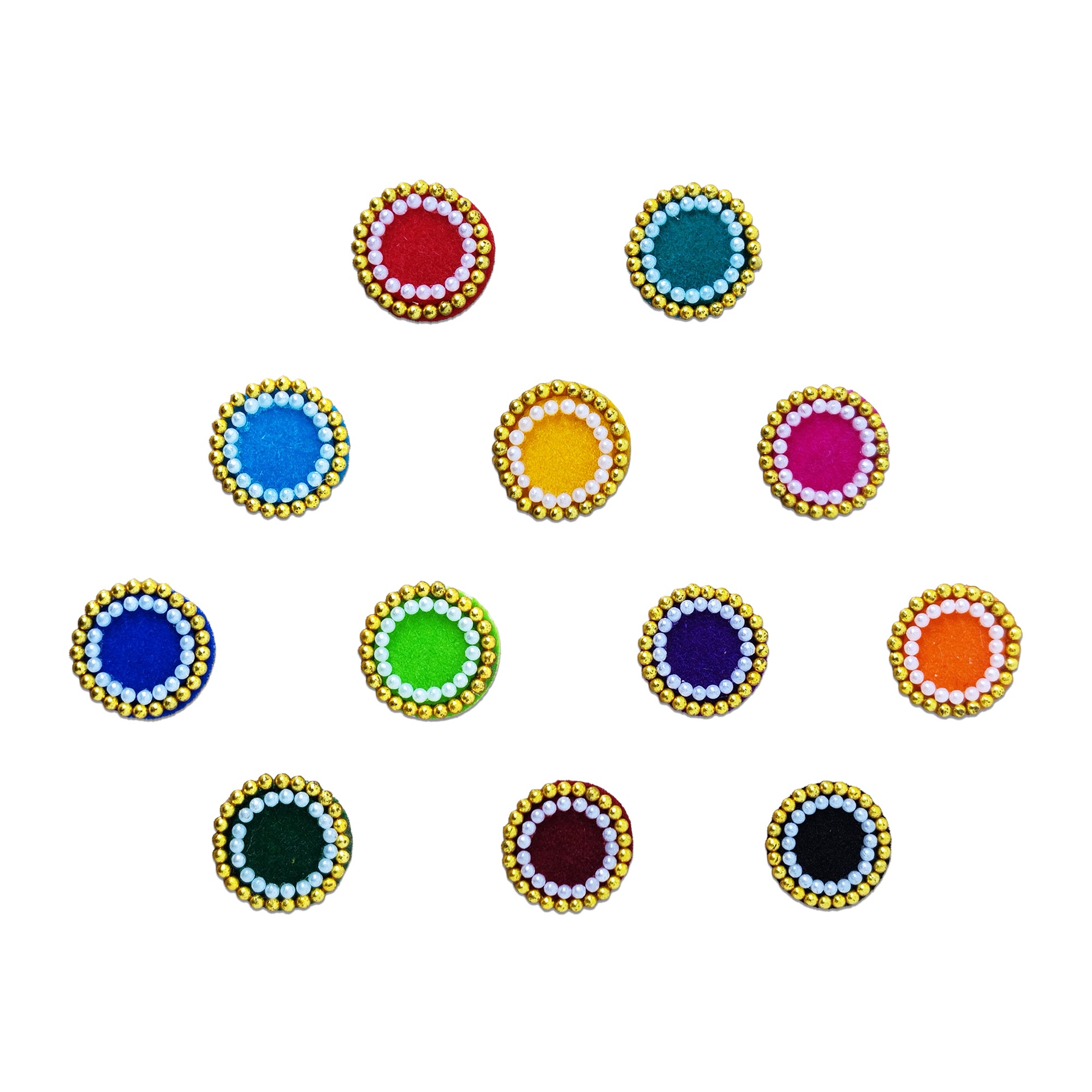 Comet Busters multicolor round bindis featuring sparkling crystal stones surrounded by gold bead floral detailing in shades of red, green, blue, pink, purple, orange, yellow, and white for festive and ethnic wear