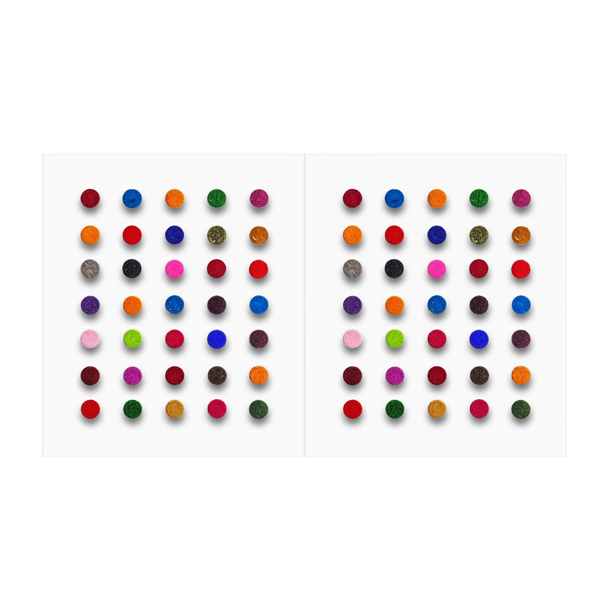 Comet Busters multicolor velvet dot bindis featuring small round bindis in assorted vibrant shades including red, blue, green, yellow, pink, black, and orange on a light background, traditional self-adhesive everyday bindi set for women and girls.