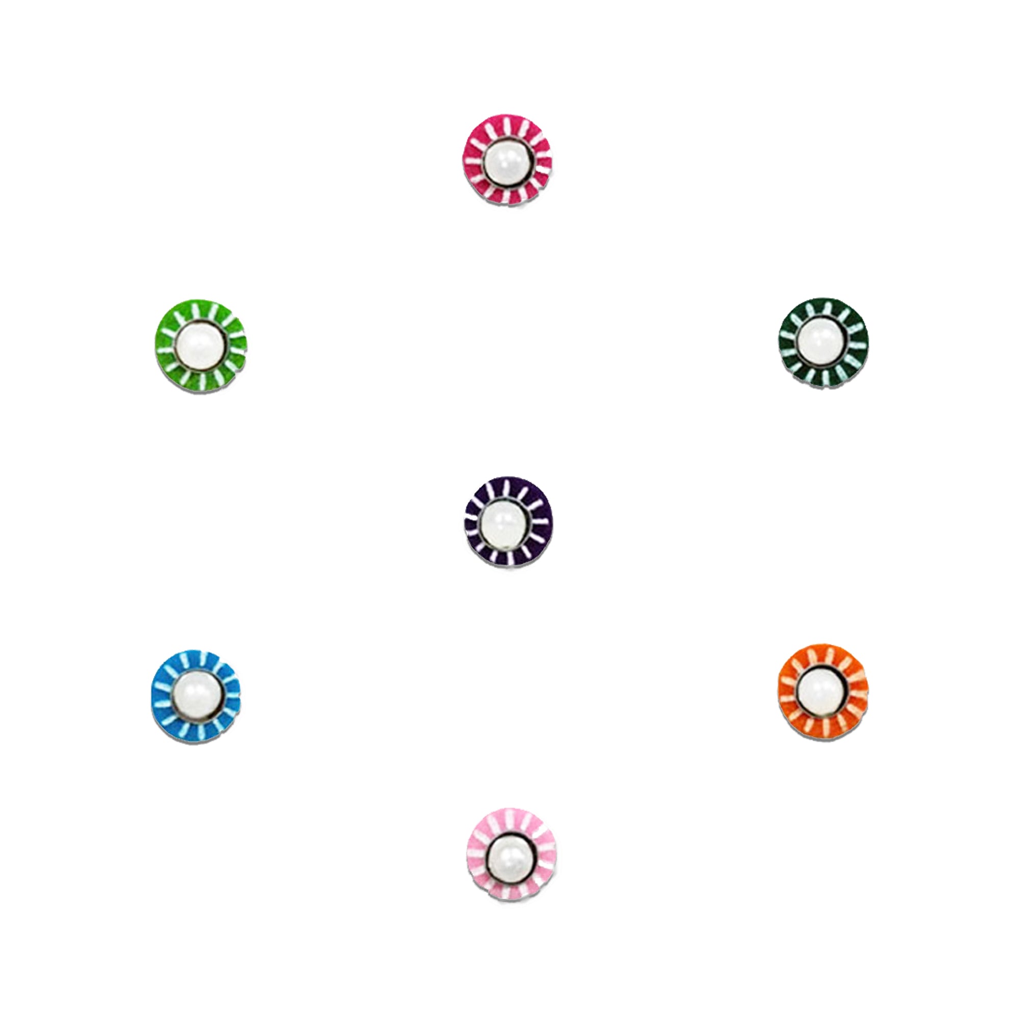 Comet Busters multicolor round designer bindi sheet featuring 7 reusable self-adhesive bindis with pearl centers, striped enamel detailing, and vibrant colors including pink, green, blue, orange, and purple. Elegant traditional bindis perfect for festive wear, Navratri, Diwali, Karwa Chauth, weddings, parties, and ethnic outfits such as sarees, lehengas, and salwar suits.
